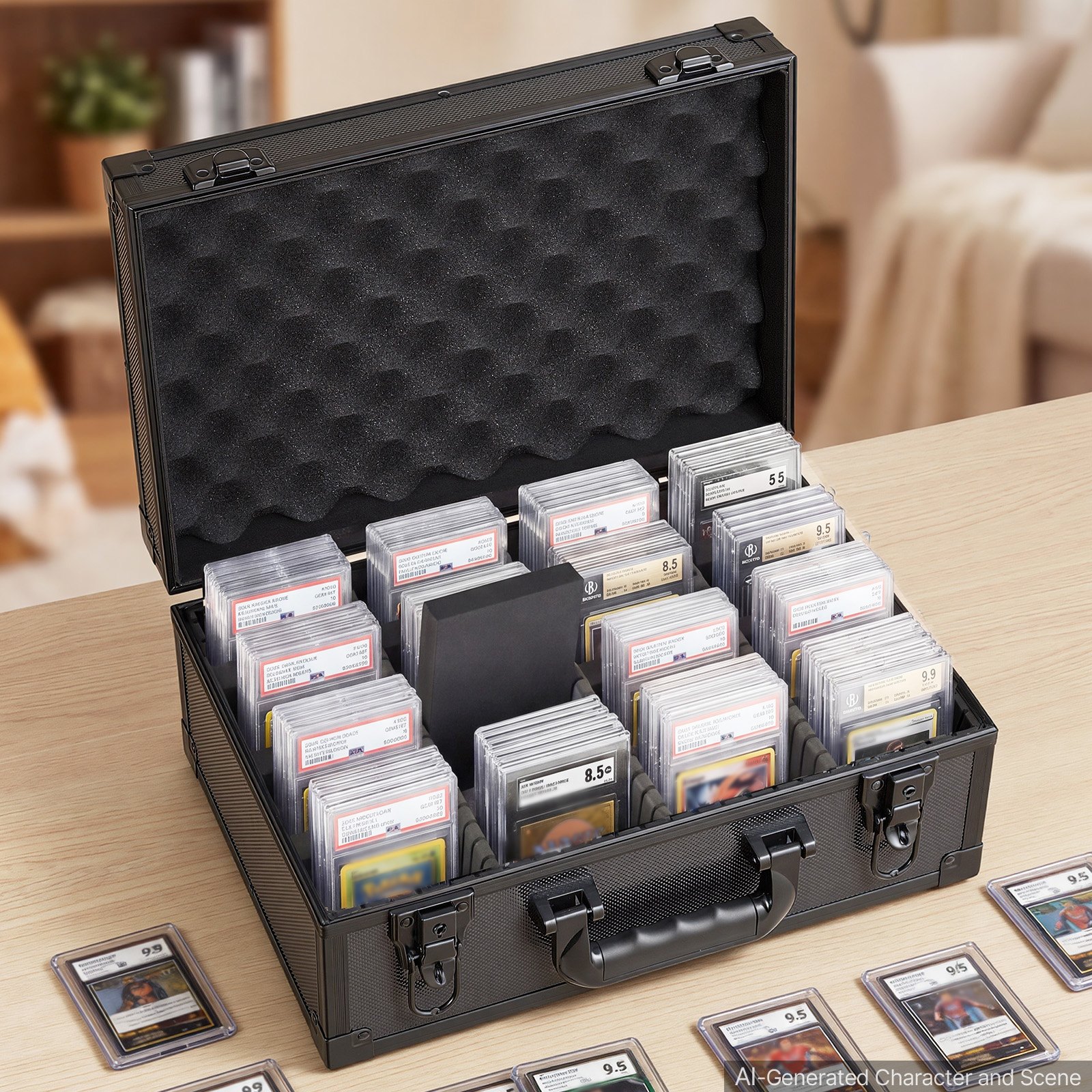 VEVOR Caja para Tarjetas Graduadas, 4 Filas 12 Separadores, Capacidad para 120 Tarjetas PSA, 95 SGC, 85 BGS, 435 Protectores o Más de 999 Tarjetas Sueltas, con Cerradura Mecánica y Llaves, Negro