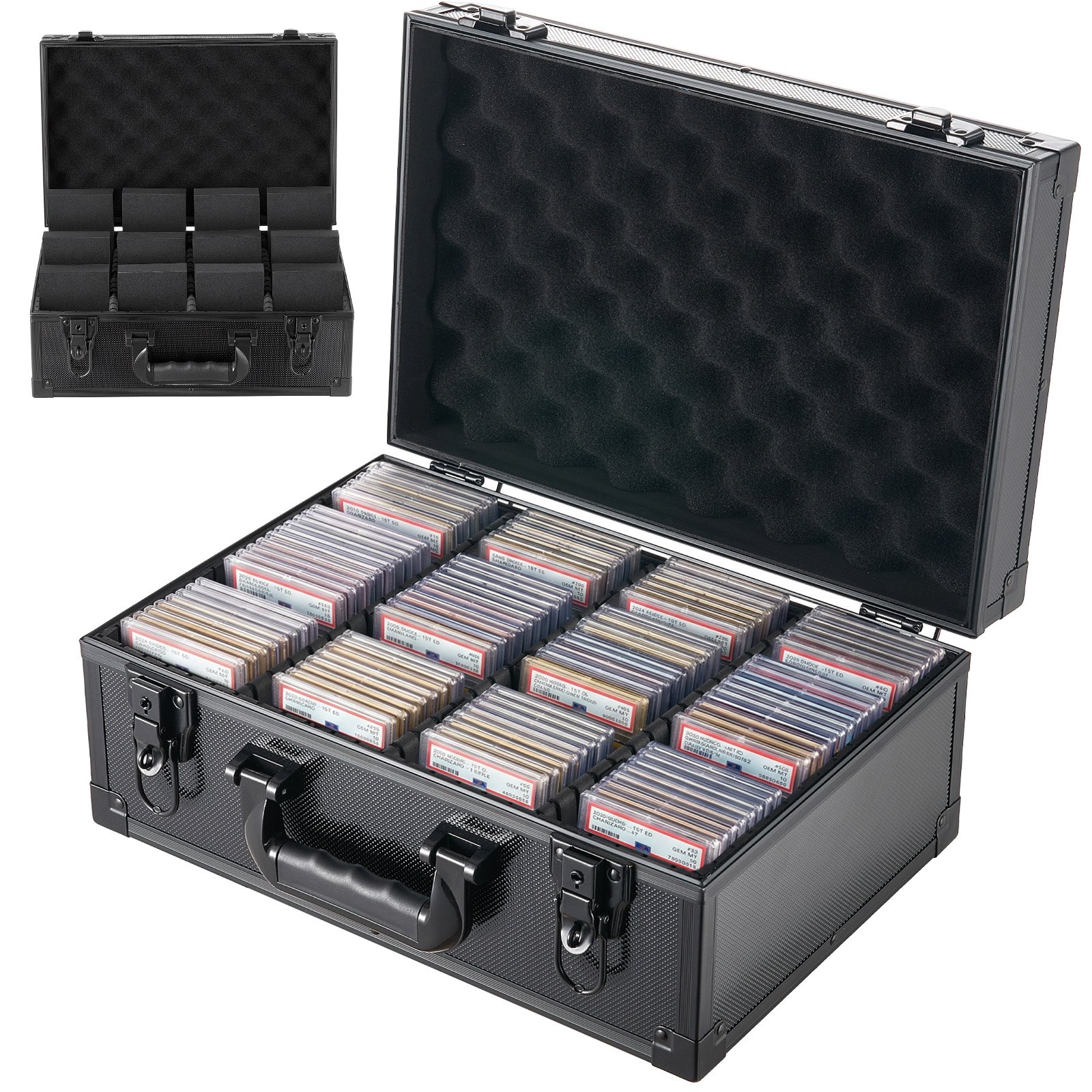 VEVOR Caja para Tarjetas Graduadas, 4 Filas 12 Separadores, Capacidad para 120 Tarjetas PSA, 95 SGC, 85 BGS, 435 Protectores o Más de 999 Tarjetas Sueltas, con Cerradura Mecánica y Llaves, Negro