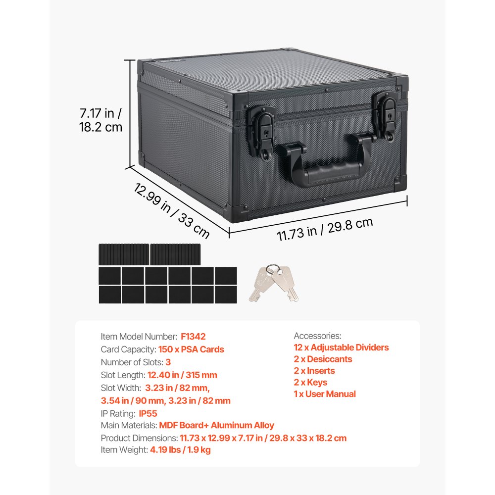VEVOR Caja de Almacenamiento para Tarjetas Graduadas, 3 Filas 12 Separadores, Capacidad para 150 Tarjetas PSA, 100 SGC, 80 BGS, 500 Protectores o Más de 999 Tarjetas Sueltas, con Cerradura y Llave