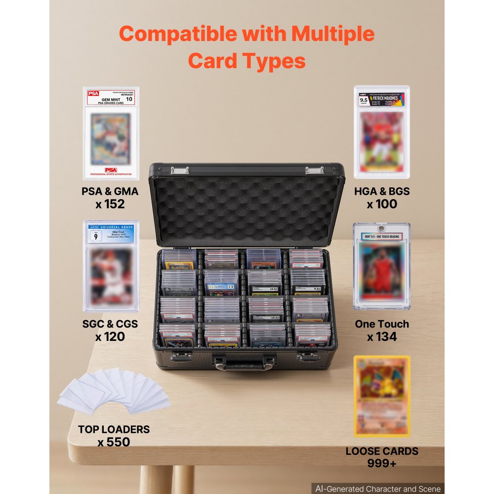 VEVOR Caja de Almacenamiento para Tarjetas Graduadas, 4 Filas 12 Separadores, Capacidad para 152 Tarjetas PSA, 120 SGC, 100 BGS, 550 Protectores o Más de 999 Tarjetas Sueltas, Protección IP55, Negro