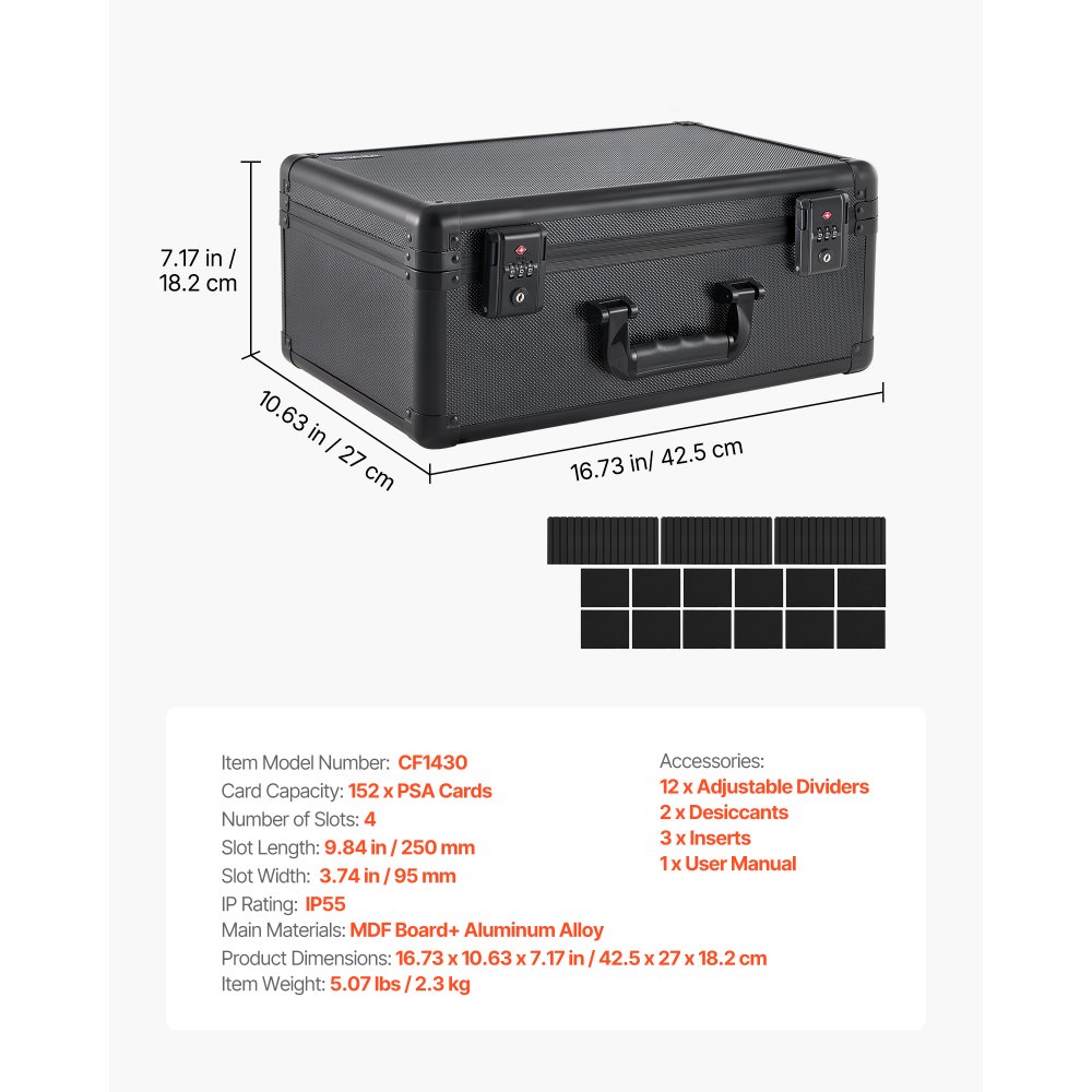 VEVOR Caja de Almacenamiento para Tarjetas Graduadas, 4 Filas 12 Separadores, Capacidad para 152 Tarjetas PSA, 120 SGC, 100 BGS, 550 Protectores o Más de 999 Tarjetas Sueltas, Protección IP55, Negro