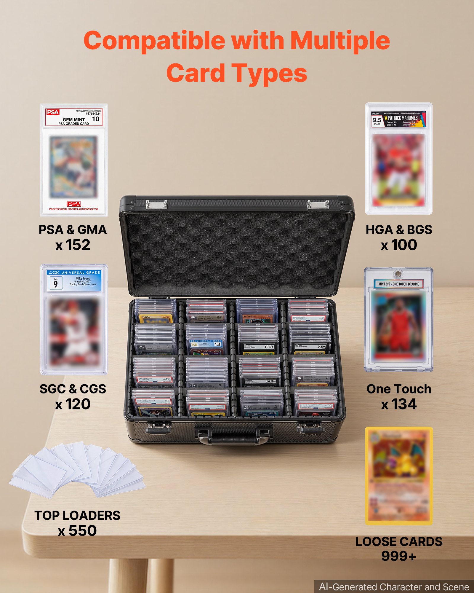 VEVOR Caja de Almacenamiento para Tarjetas Graduadas, 4 Filas 12 Separadores, Capacidad para 152 Tarjetas PSA, 120 SGC, 100 BGS, 550 Protectores o Más de 999 Tarjetas Sueltas, Protección IP55, Negro