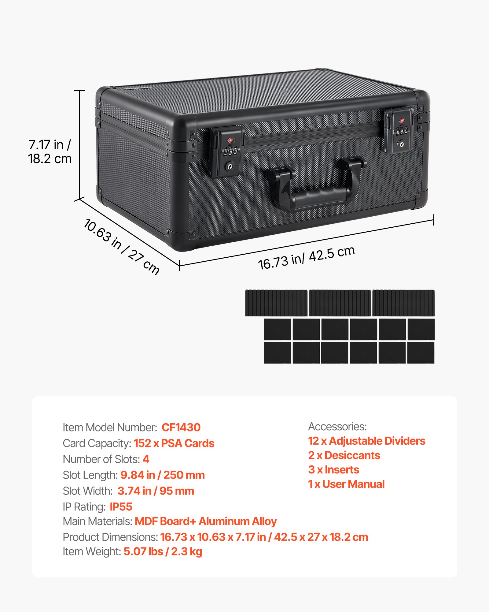 VEVOR Caja de Almacenamiento para Tarjetas Graduadas, 4 Filas 12 Separadores, Capacidad para 152 Tarjetas PSA, 120 SGC, 100 BGS, 550 Protectores o Más de 999 Tarjetas Sueltas, Protección IP55, Negro