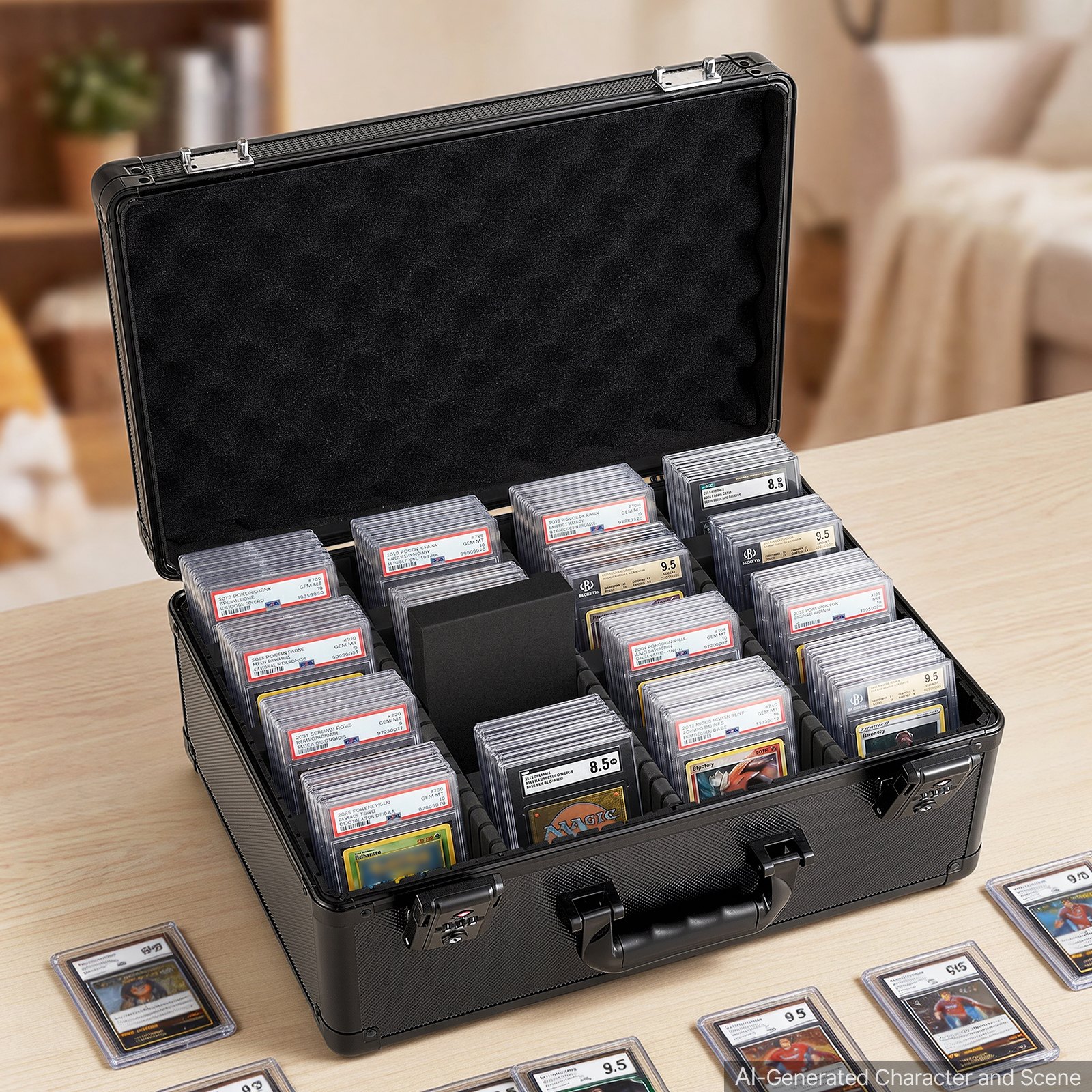 VEVOR Caja de Almacenamiento para Tarjetas Graduadas, 4 Filas 12 Separadores, Capacidad para 152 Tarjetas PSA, 120 SGC, 100 BGS, 550 Protectores o Más de 999 Tarjetas Sueltas, Protección IP55, Negro