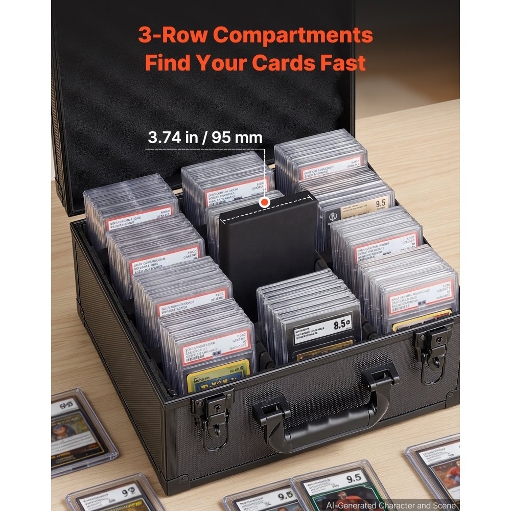VEVOR Caja para Tarjetas Graduadas, 3 Filas 12 Separadores, Capacidad para 180 Tarjetas PSA, 120 SGC, 100 BGS, 520 Protectores o Más de 999 Tarjetas Sueltas, con Cerradura Mecánica y Llaves, Negro