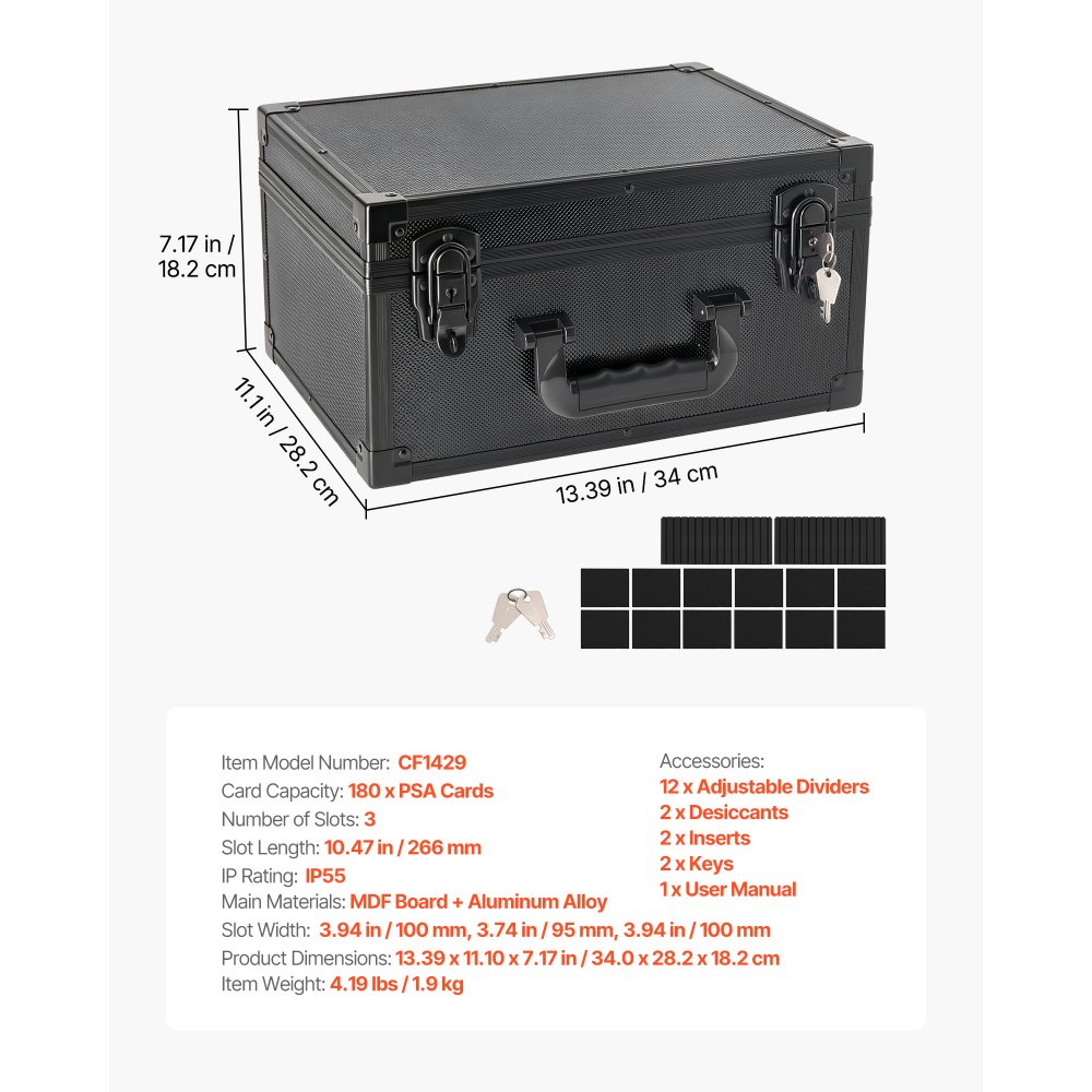 VEVOR Caja para Tarjetas Graduadas, 3 Filas 12 Separadores, Capacidad para 180 Tarjetas PSA, 120 SGC, 100 BGS, 520 Protectores o Más de 999 Tarjetas Sueltas, con Cerradura Mecánica y Llaves, Negro