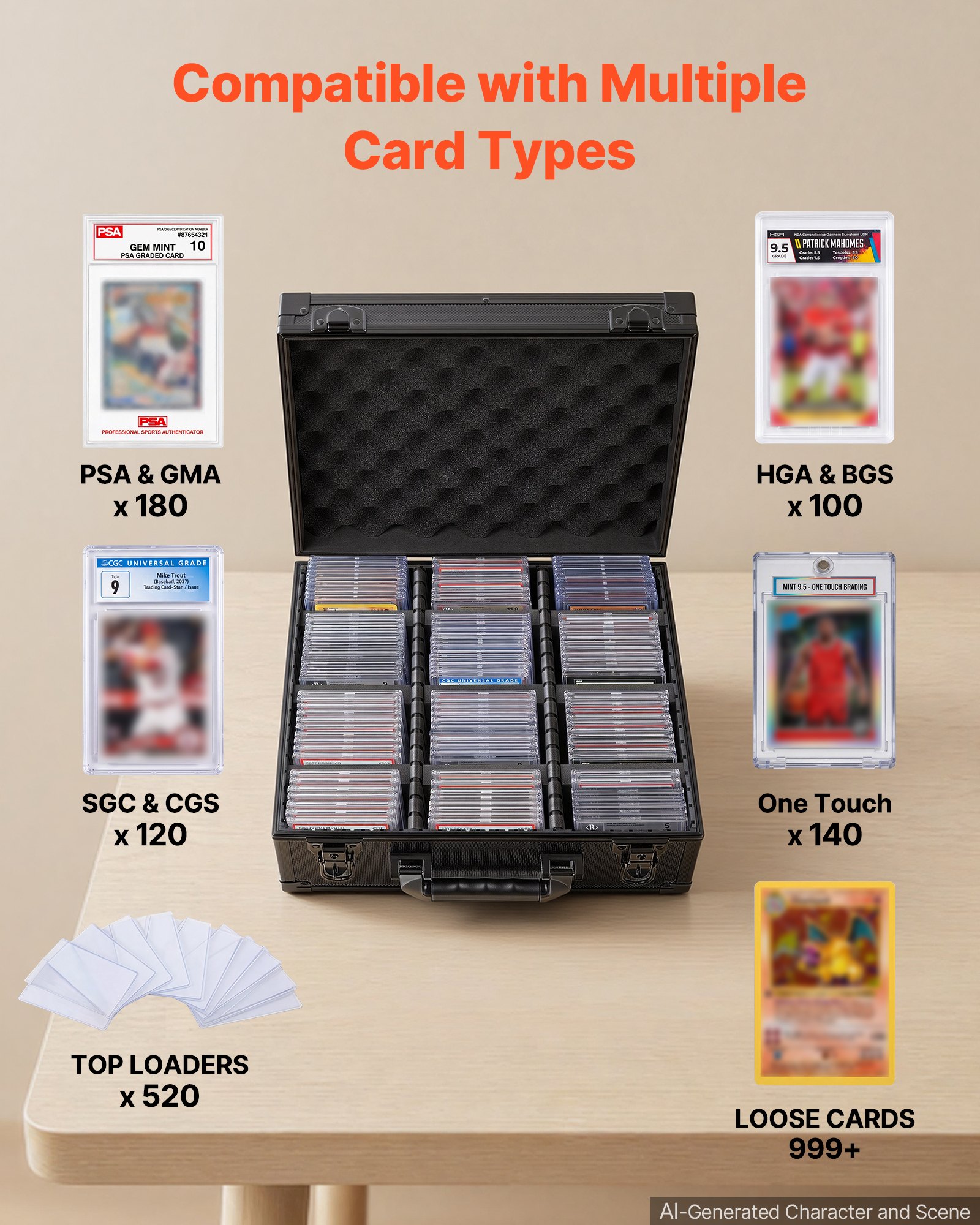 VEVOR Caja para Tarjetas Graduadas, 3 Filas 12 Separadores, Capacidad para 180 Tarjetas PSA, 120 SGC, 100 BGS, 520 Protectores o Más de 999 Tarjetas Sueltas, con Cerradura Mecánica y Llaves, Negro