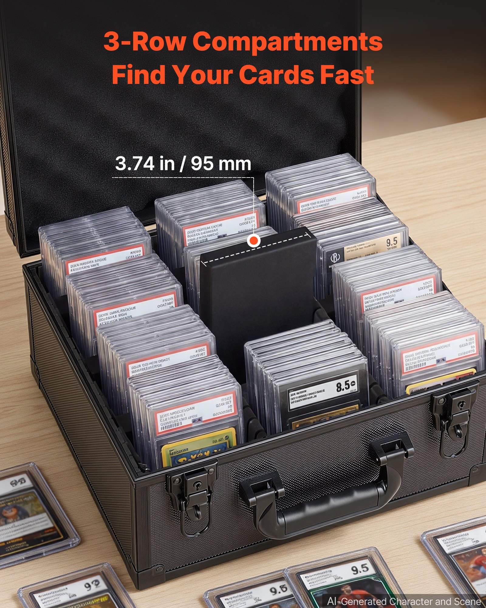 VEVOR Caja para Tarjetas Graduadas, 3 Filas 12 Separadores, Capacidad para 180 Tarjetas PSA, 120 SGC, 100 BGS, 520 Protectores o Más de 999 Tarjetas Sueltas, con Cerradura Mecánica y Llaves, Negro