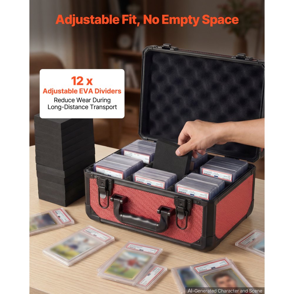 VEVOR Caja para Tarjetas Graduadas, 3 Filas 12 Separadores, Capacidad para 96 Tarjetas PSA, 76 SGC, 68 BGS, 348 Protectores o Más de 999 Tarjetas Sueltas, con Cerradura Mecánica y Llaves, Rojo