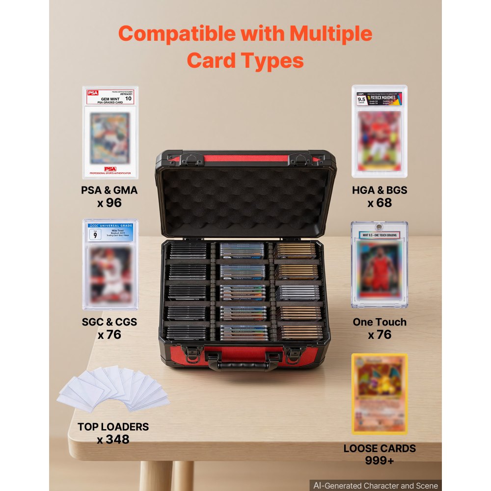 VEVOR Caja para Tarjetas Graduadas, 3 Filas 12 Separadores, Capacidad para 96 Tarjetas PSA, 76 SGC, 68 BGS, 348 Protectores o Más de 999 Tarjetas Sueltas, con Cerradura Mecánica y Llaves, Rojo