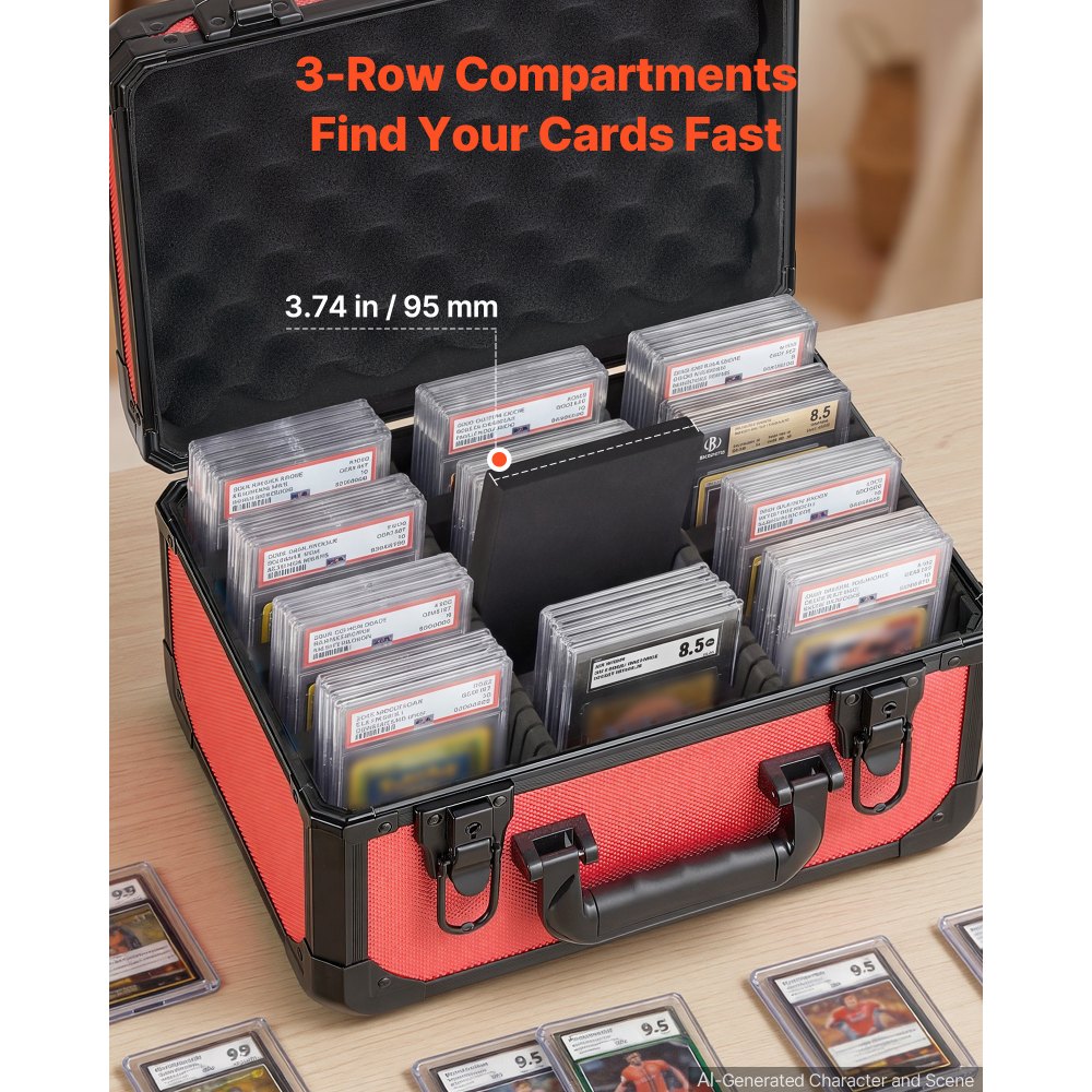 VEVOR Caja para Tarjetas Graduadas, 3 Filas 12 Separadores, Capacidad para 96 Tarjetas PSA, 76 SGC, 68 BGS, 348 Protectores o Más de 999 Tarjetas Sueltas, con Cerradura Mecánica y Llaves, Rojo