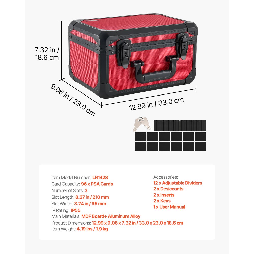 VEVOR Caja para Tarjetas Graduadas, 3 Filas 12 Separadores, Capacidad para 96 Tarjetas PSA, 76 SGC, 68 BGS, 348 Protectores o Más de 999 Tarjetas Sueltas, con Cerradura Mecánica y Llaves, Rojo