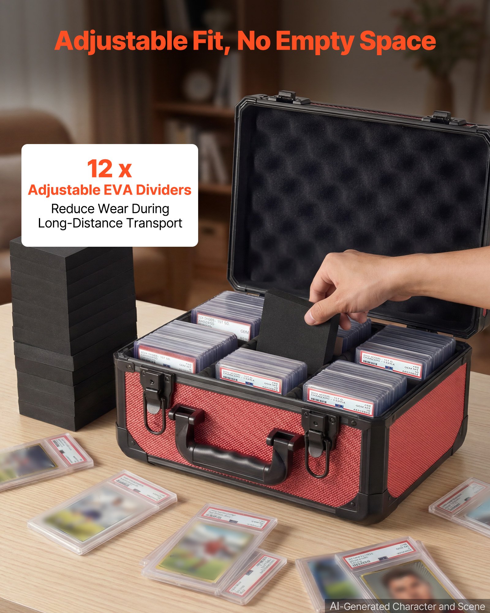 VEVOR Caja para Tarjetas Graduadas, 3 Filas 12 Separadores, Capacidad para 96 Tarjetas PSA, 76 SGC, 68 BGS, 348 Protectores o Más de 999 Tarjetas Sueltas, con Cerradura Mecánica y Llaves, Rojo