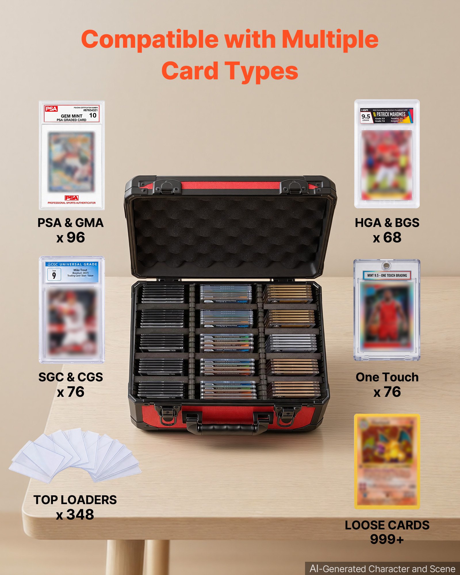 VEVOR Caja para Tarjetas Graduadas, 3 Filas 12 Separadores, Capacidad para 96 Tarjetas PSA, 76 SGC, 68 BGS, 348 Protectores o Más de 999 Tarjetas Sueltas, con Cerradura Mecánica y Llaves, Rojo