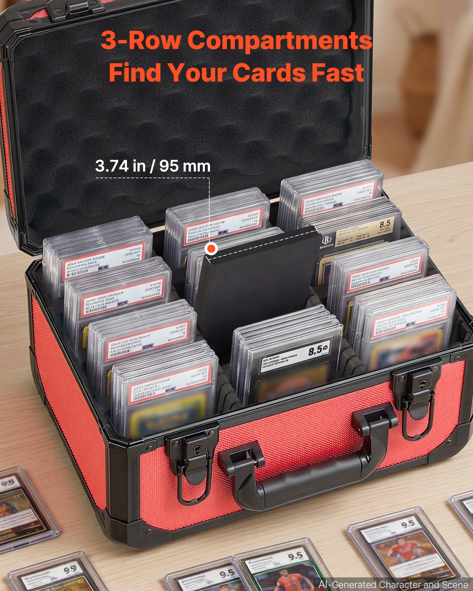 VEVOR Caja para Tarjetas Graduadas, 3 Filas 12 Separadores, Capacidad para 96 Tarjetas PSA, 76 SGC, 68 BGS, 348 Protectores o Más de 999 Tarjetas Sueltas, con Cerradura Mecánica y Llaves, Rojo