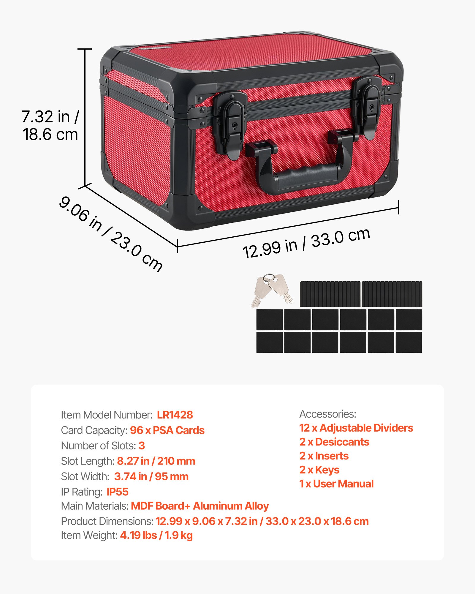 VEVOR Caja para Tarjetas Graduadas, 3 Filas 12 Separadores, Capacidad para 96 Tarjetas PSA, 76 SGC, 68 BGS, 348 Protectores o Más de 999 Tarjetas Sueltas, con Cerradura Mecánica y Llaves, Rojo