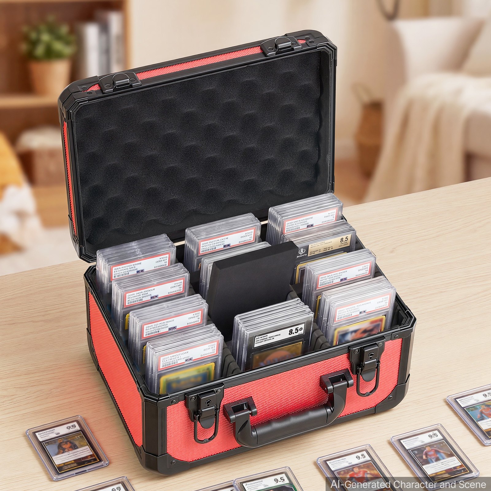 VEVOR Caja para Tarjetas Graduadas, 3 Filas 12 Separadores, Capacidad para 96 Tarjetas PSA, 76 SGC, 68 BGS, 348 Protectores o Más de 999 Tarjetas Sueltas, con Cerradura Mecánica y Llaves, Rojo