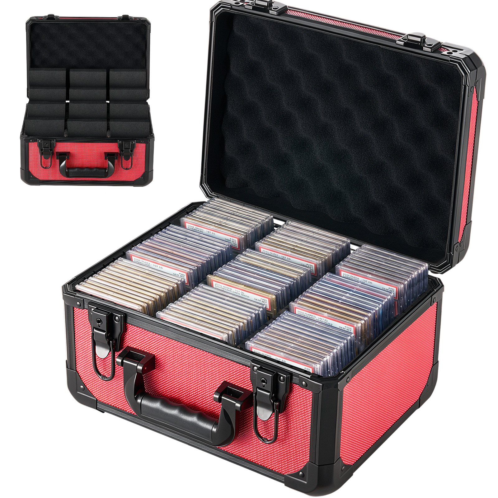 VEVOR Caja para Tarjetas Graduadas, 3 Filas 12 Separadores, Capacidad para 96 Tarjetas PSA, 76 SGC, 68 BGS, 348 Protectores o Más de 999 Tarjetas Sueltas, con Cerradura Mecánica y Llaves, Rojo