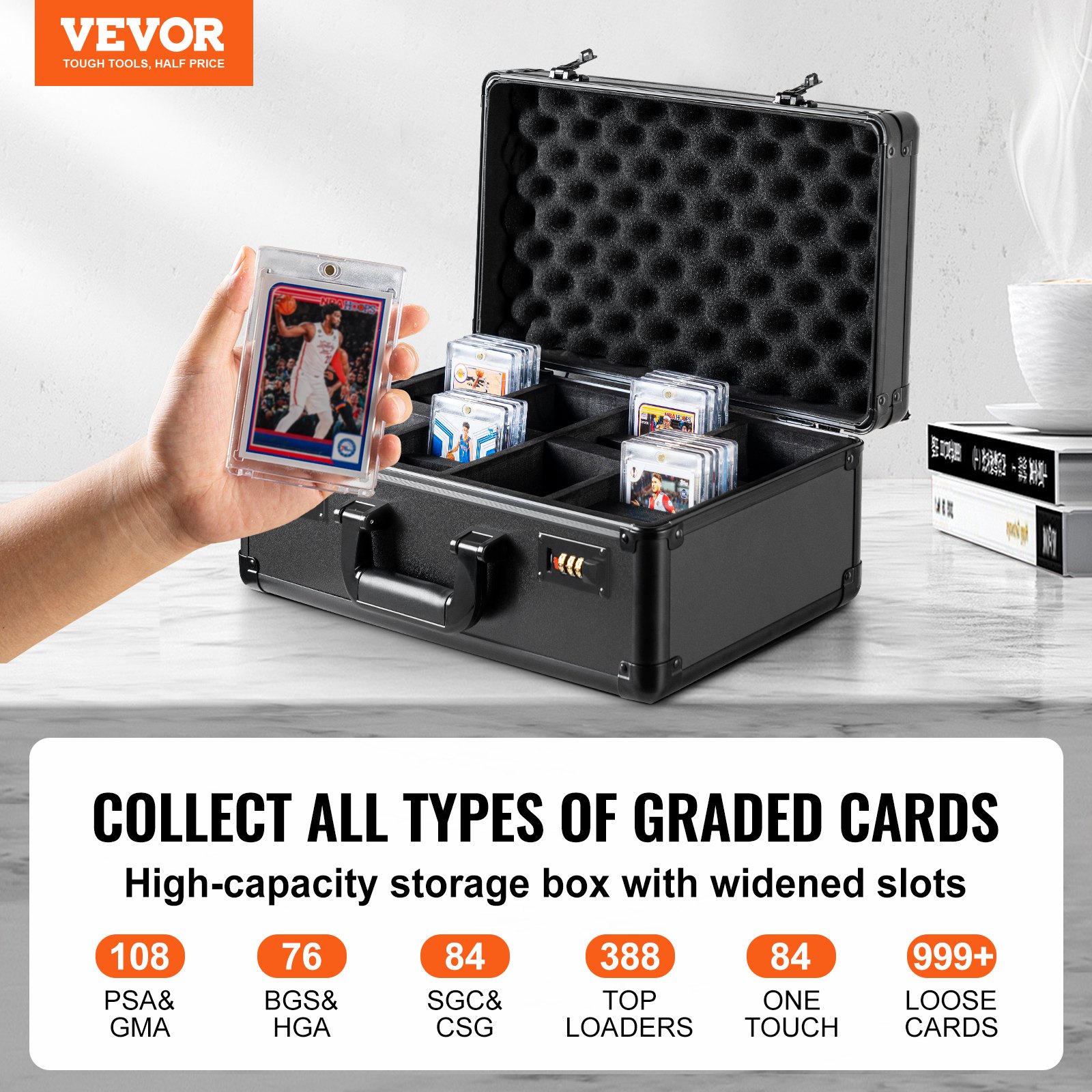 VEVOR Storage Box 4 Compartments, Carrier Case for Sports Cards with Foam Dividers and Combination Lock, for 108 Rated PSA Cards, 76 BGS Cards, 84 SGC Cards, 388 Top Loader Cards or 999+ Loose Cards