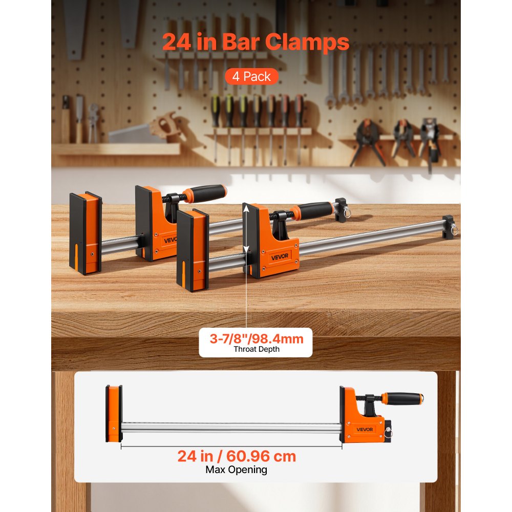 VEVOR Sargentos de Barra 4 Piezas 60,96 cm Abrazaderas de Barra para Madera, Capacidad de Fuerza de 680 kg, Función de Sujeción y Separación, Acero al Carbono, Juego de Herramientas para Carpintería