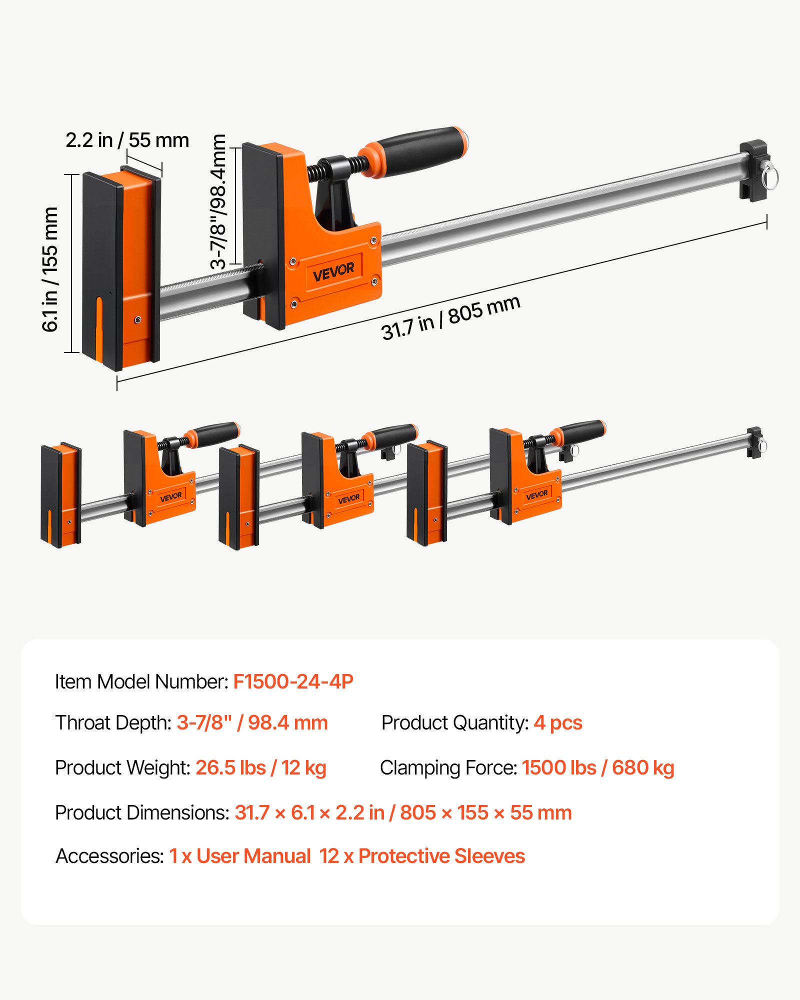 VEVOR Sargentos de Barra 4 Piezas 60,96 cm Abrazaderas de Barra para Madera, Capacidad de Fuerza de 680 kg, Función de Sujeción y Separación, Acero al Carbono, Juego de Herramientas para Carpintería