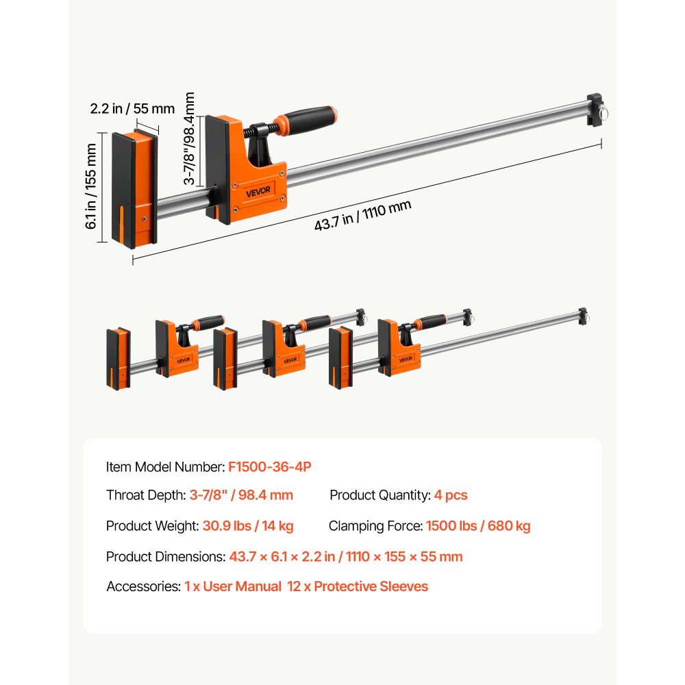 VEVOR Sargentos de Barra 4 Pcs 91,4 cm Abrazaderas de Barra para Carpintero, Fuerza de Sujeción 680 kg, Sujeción y Separación, Acero al Carbono y Almohadillas de Goma, Herramientas para Carpintería