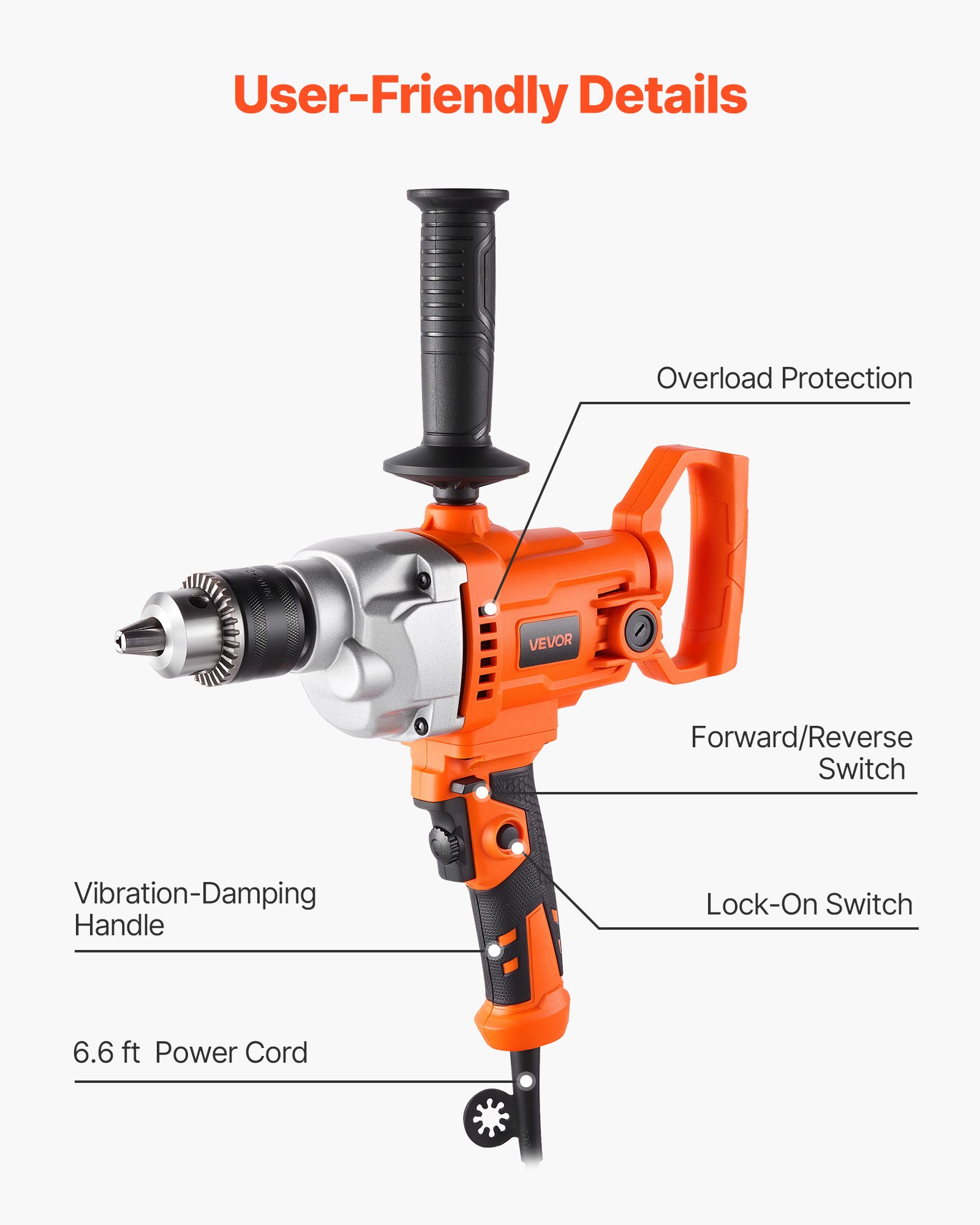 VEVOR Drill Mixer, 15.89mm Corded Electric Drill Mixer Set, 0-850RPM 3.2A Mixing Drills, Mixing Drills Machine with D-Handle for Drilling & Blending, Handheld Cement Mixers for Fodder, Paint, Cement