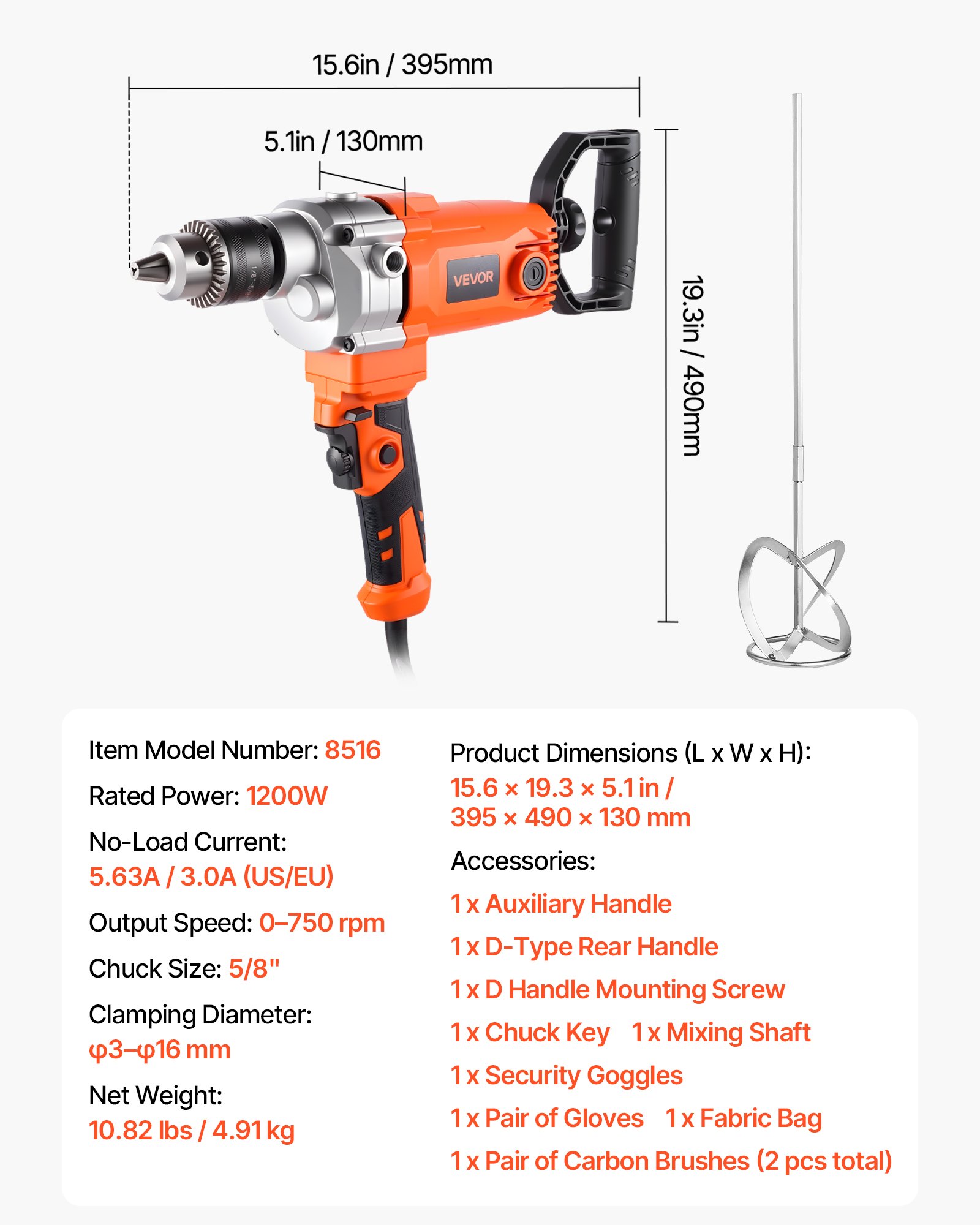 VEVOR Drill Mixer, 15.89mm Corded Electric Drill Mixer Set, 0-750RPM 3A Mixing Drills, Mixing Drills Machine with D-Handle for Drilling & Blending, Handheld Cement Mixers for Fodder, Paint, Cement