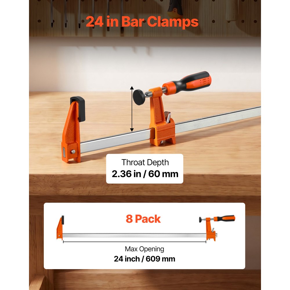 VEVOR Sargentos de Barra 8 Piezas 60,96 cm Abrazaderas Tipo F de Apriete, Capacidad de Fuerza de 272 kg, Bloqueo Automático, de Acero al Carbono, Almohadillas de Plástico, Herramientas de Carpinteros