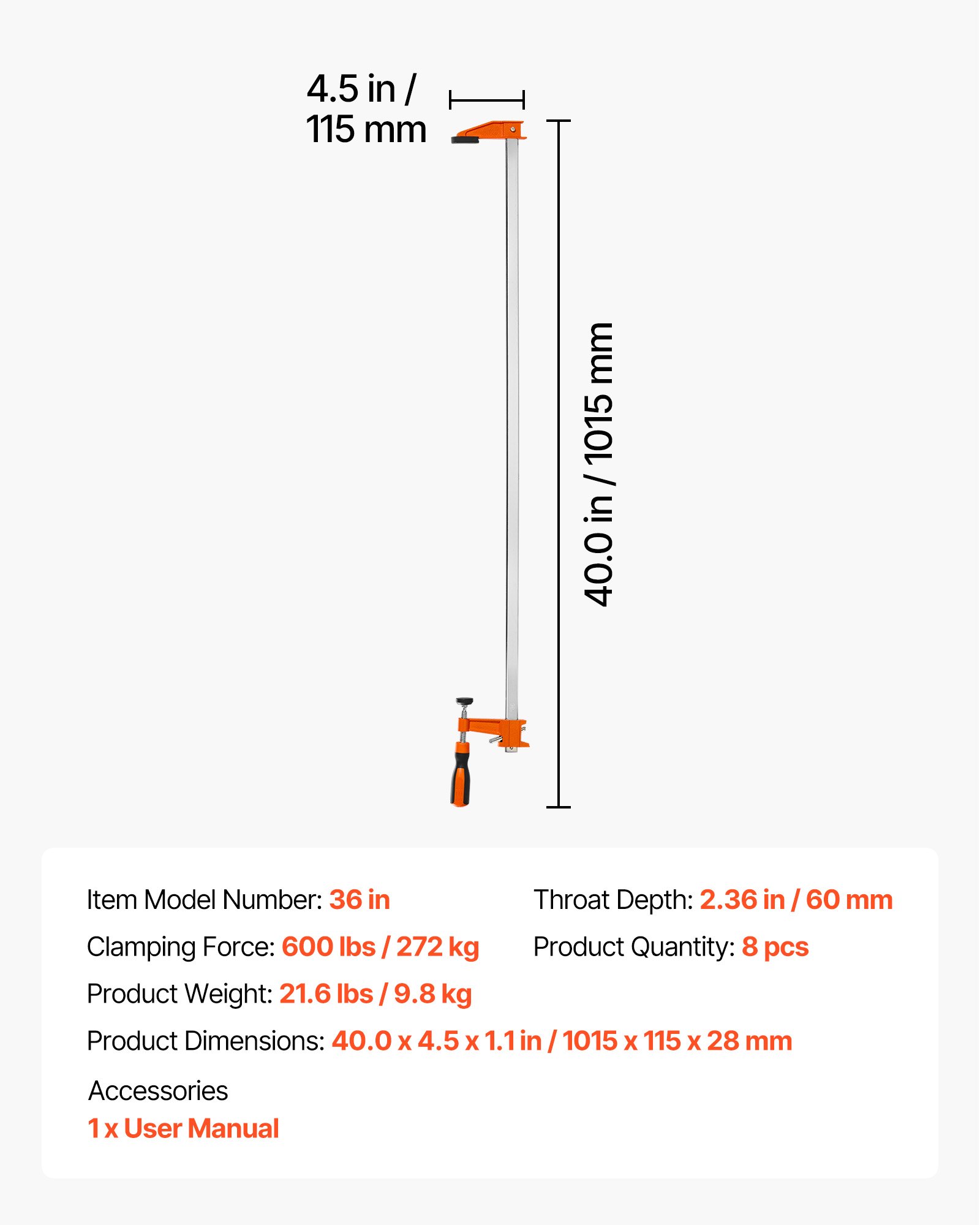 VEVOR Sargentos de Barra 8 Piezas 91,4 cm Abrazaderas de Barra para Madera, Fuerza de Apriete de 272 kg, con Bloque Automático, de Hierro Fundido y Acero al Carbono, Herramientas para Carpintería