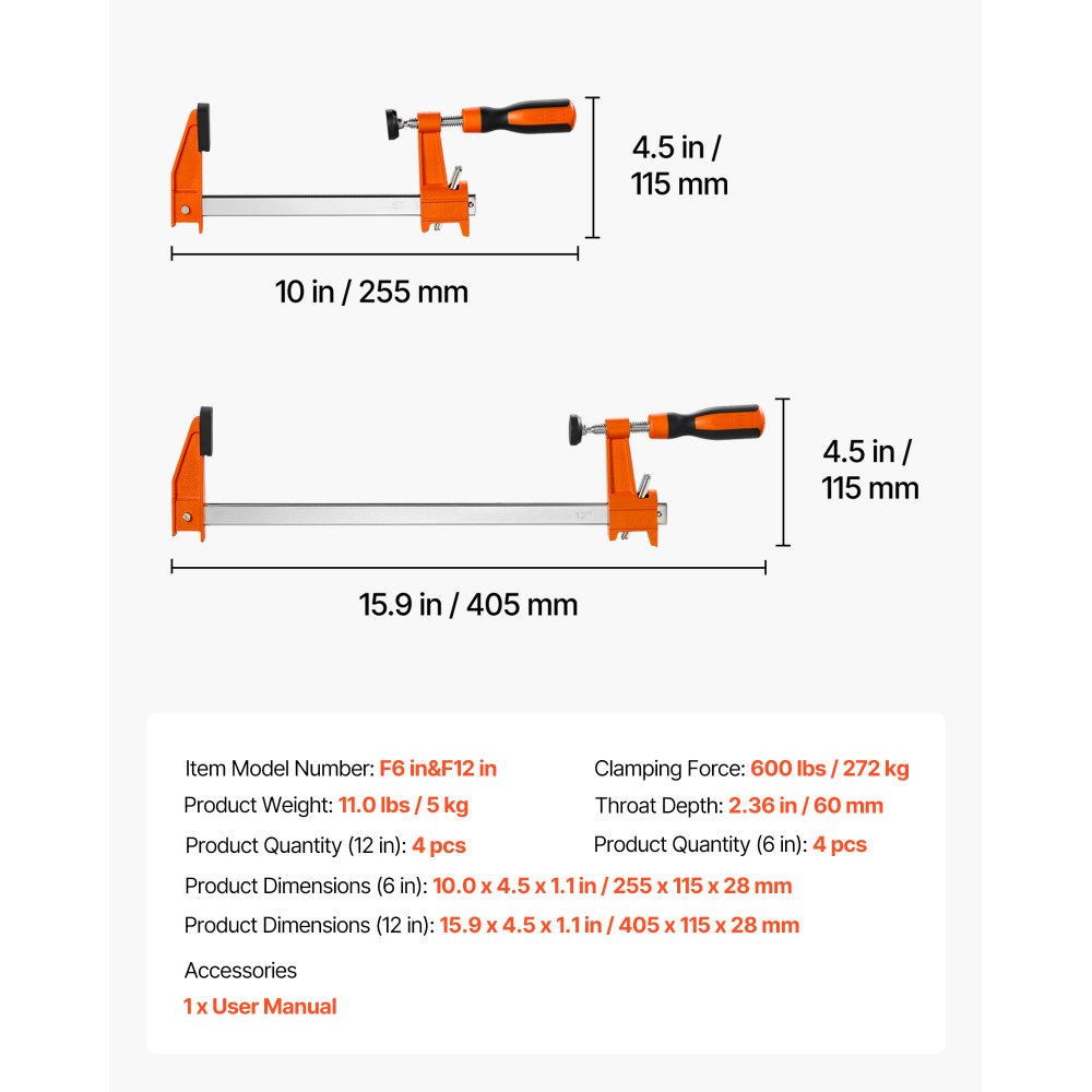 VEVOR Sargentos de Barra 8 Pcs 15,24 cm y 30,48 cm Abrazaderas de Barra, Fuerza de Sujeción de 272 kg, de Acero al Carbono Almohadillas de Plástico, Bloqueo Automático, Herramientas para Carpintería