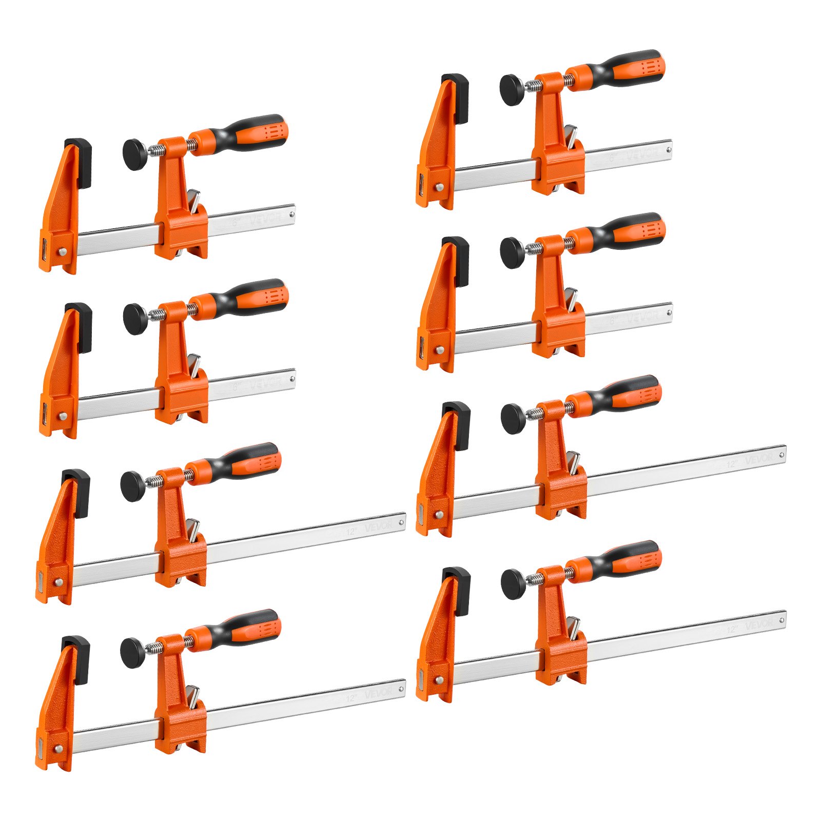 VEVOR Sargentos de Barra 8 Pcs 15,24 cm y 30,48 cm Abrazaderas de Barra, Fuerza de Sujeción de 272 kg, de Acero al Carbono Almohadillas de Plástico, Bloqueo Automático, Herramientas para Carpintería
