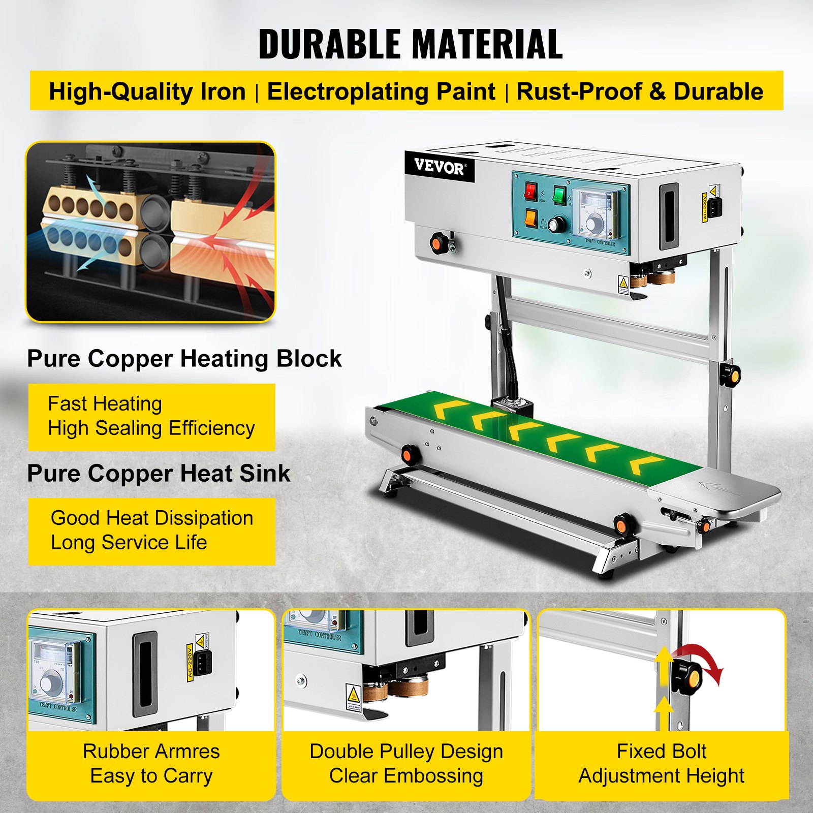 VEVOR Selladora de Banda Continua Automática Vertical FR900  Sellador Continuo de Cinta Máquina de Sellado de Líquidos Máquina de Sellado Comercial Grande