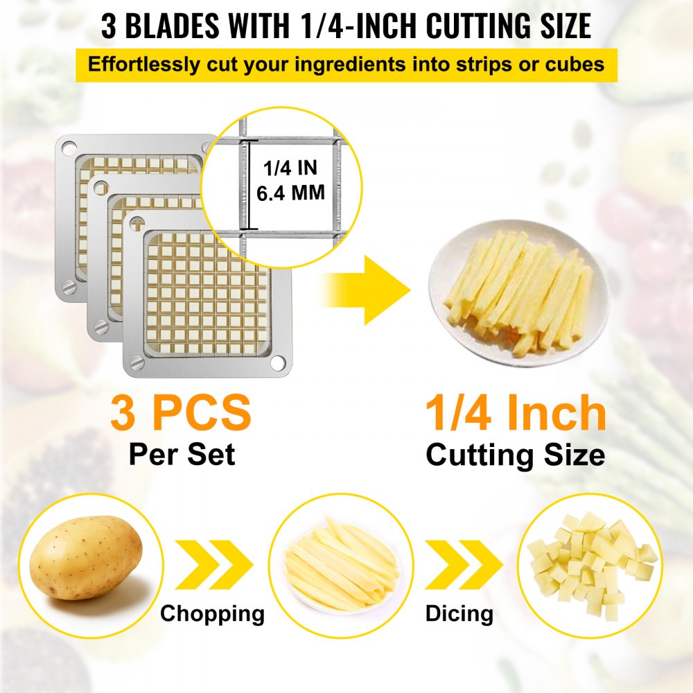 VEVOR Cuchilla picadora de repuesto 1/4" 3 piezas de cuchilla para freír francesa con 6 cuchillos adicionales piezas de acero inoxidable y bloque de empuje para cortar patatas, zanahorias, pepinos
