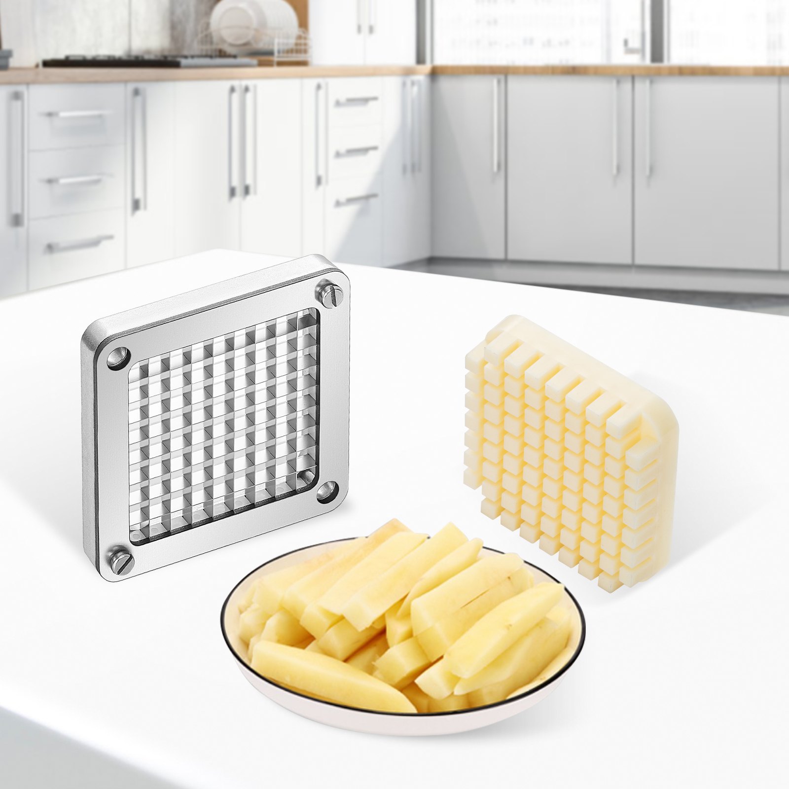 VEVOR Cuchilla picadora de repuesto 3/8" 3 piezas de cuchilla para freír francesa con 6 cuchillos adicionales piezas de acero inoxidable y bloque de empuje para cortar patatas, zanahorias, pepinos