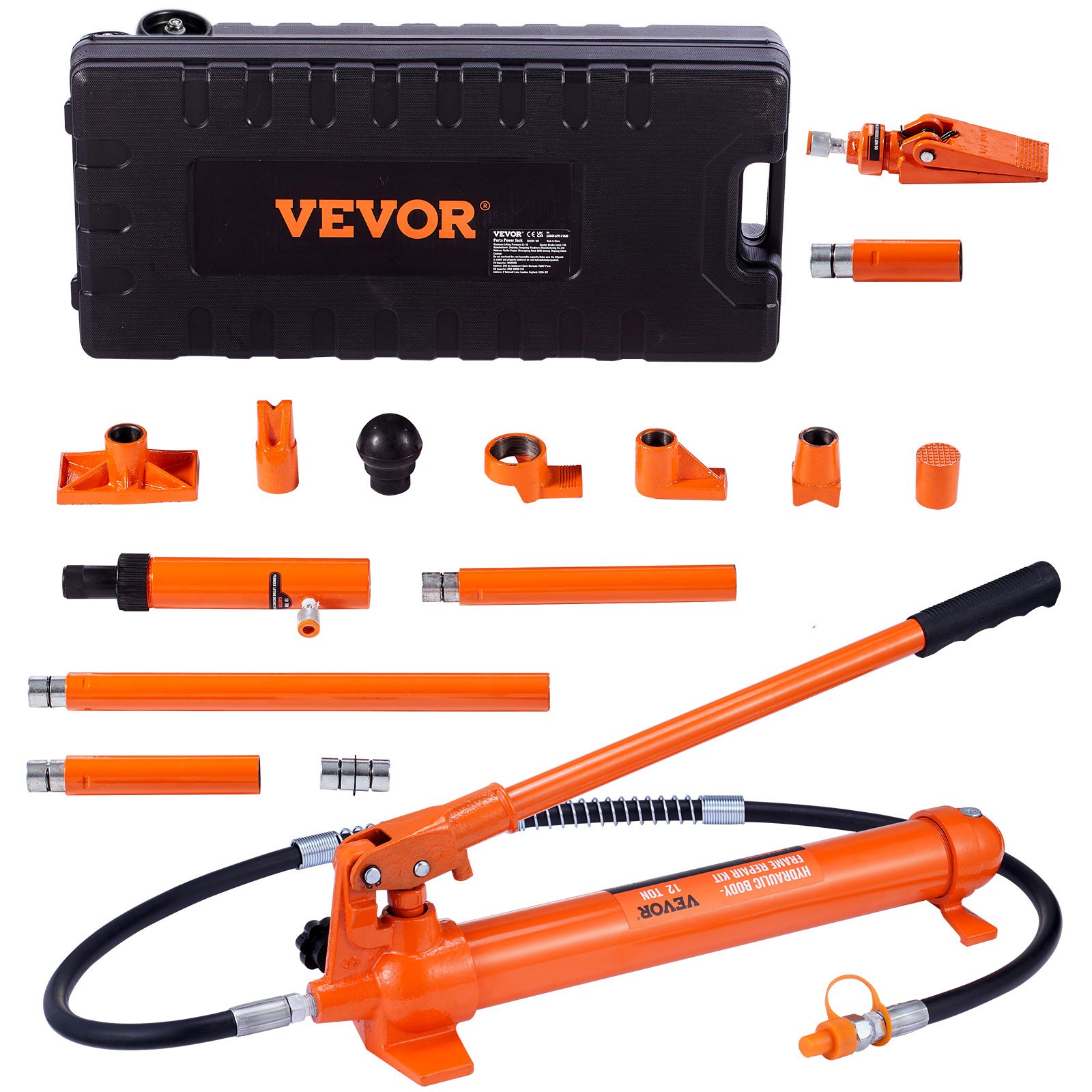 VEVOR Kit de Ariete Hidráulico Portátil 12 T Kit de Reparación de Energía para Carrocería 135 mm Juego de Cilindros Hidráulicos con 4 Vástagos 100/195/300/500 mm para Reparación de Coches Construcción