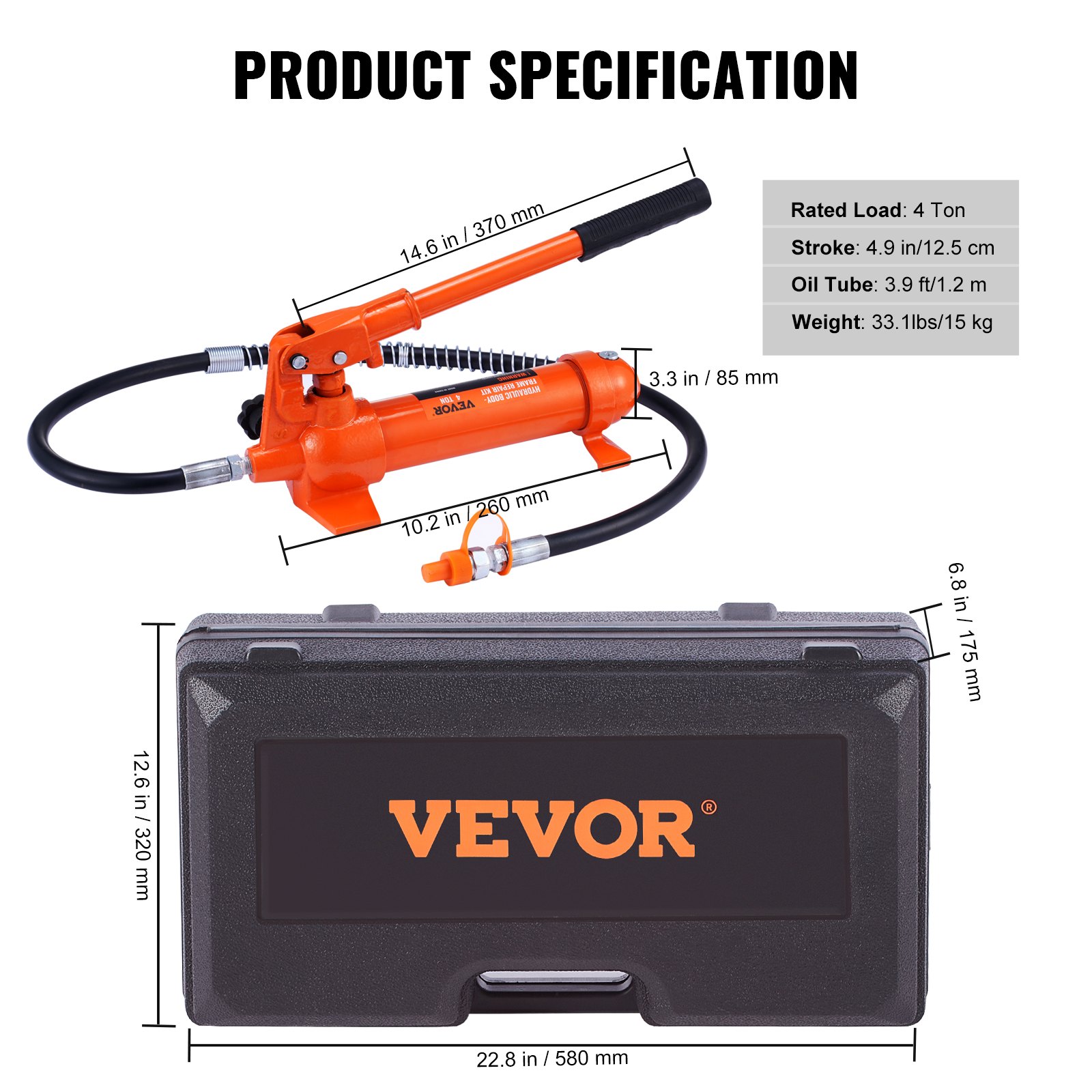 VEVOR Kit de Ariete Hidráulico Portátil 4 T Kit de Reparación de Energía para Carrocería 125 mm Juego de Cilindros Hidráulicos con 4 Vástagos 80 a 415 mm para Reparación de Coches Construcción