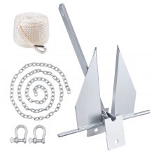 VEVOR Ancla Plana 4 kg Kit de Anclaje de Acero Galvanizado en Caliente con Cadena de 2,4 m Cuerda de 22,86 m y 2 Grilletes Ancla para Embarcaciones Pequeñas de Menos de 5,9m, Mares, Ríos, Costas