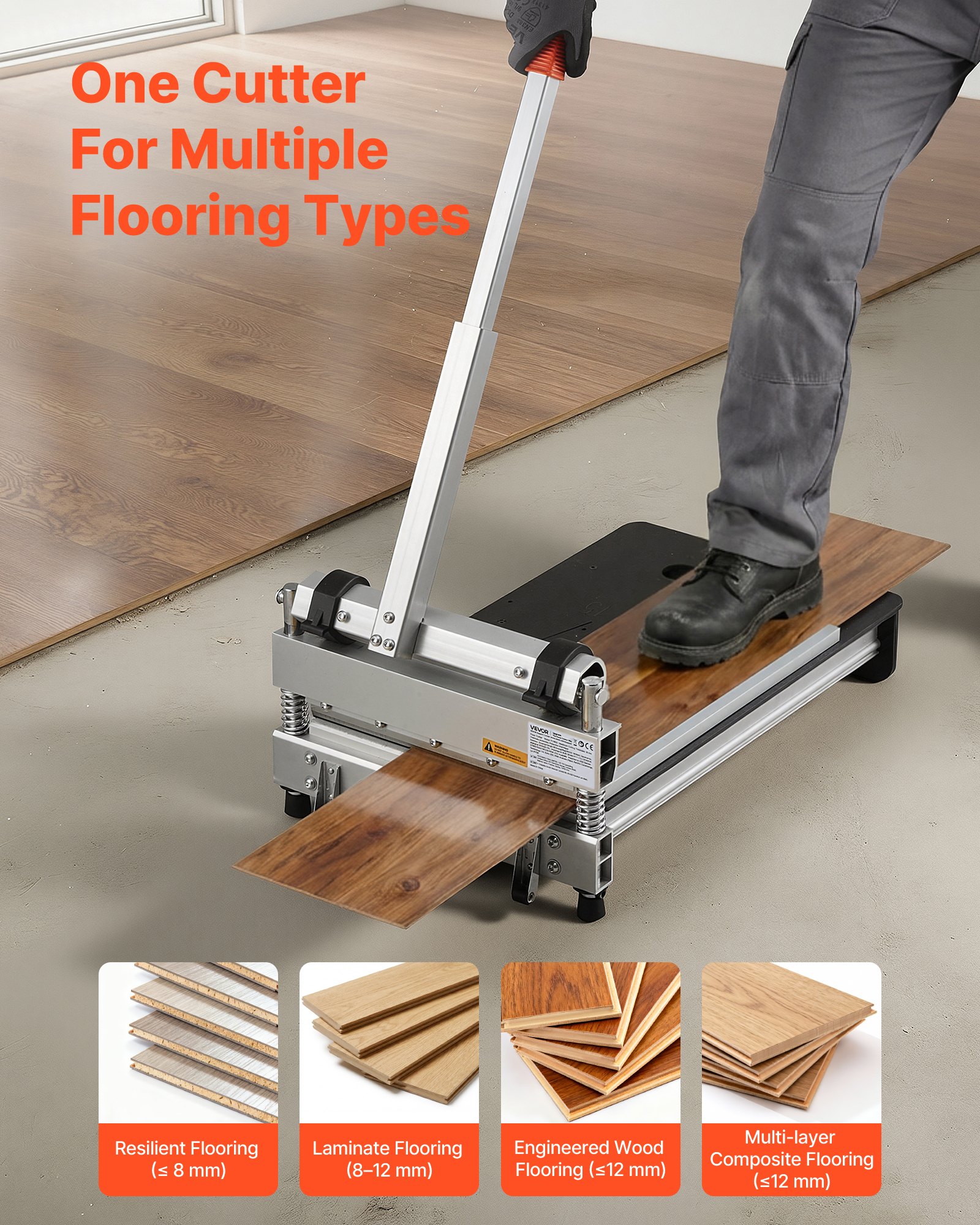 VEVOR Guillotina para Laminado, Cortador de Suelo, Corte Máximo 330 mm, Espesor 12 mm con Palanca de Aluminio, Guía de Ángulo, Mango Telescópico, Ruedas, Cuchilla D2 para LVP VCT LVT SPC Vinilo Piso