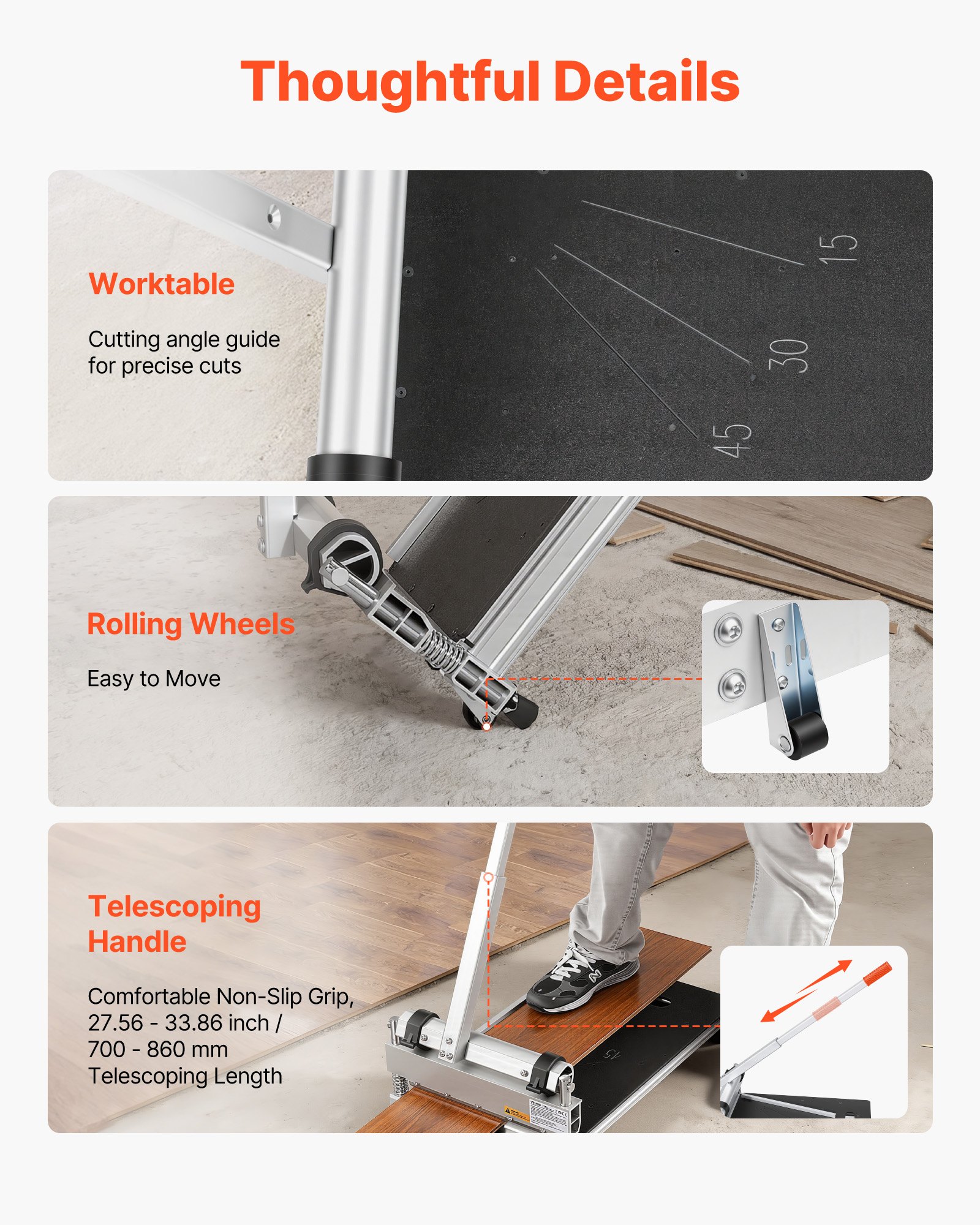 VEVOR Guillotina para Laminado, Cortador de Suelo, Corte Máximo 330 mm, Espesor 12 mm con Palanca de Aluminio, Guía de Ángulo, Mango Telescópico, Ruedas, Cuchilla D2 para LVP VCT LVT SPC Vinilo Piso
