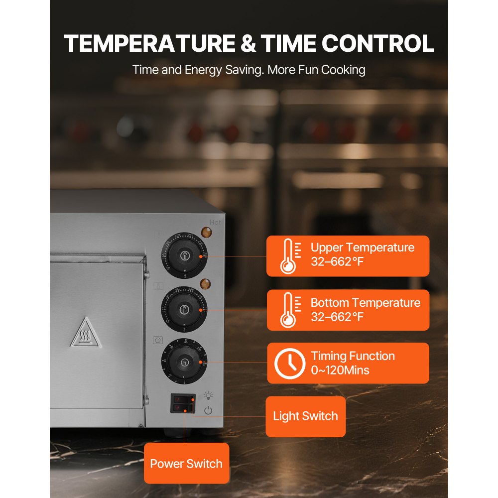 VEVOR Horno de Pizza Eléctrico de Encimera 40,64 cm 1700 W de Una Sola Capa Rango de Temperatura Ajustable de 0 - 350 °C Construcción de Acero Inoxidable con Piedra y Asa para Restaurante, Hogar
