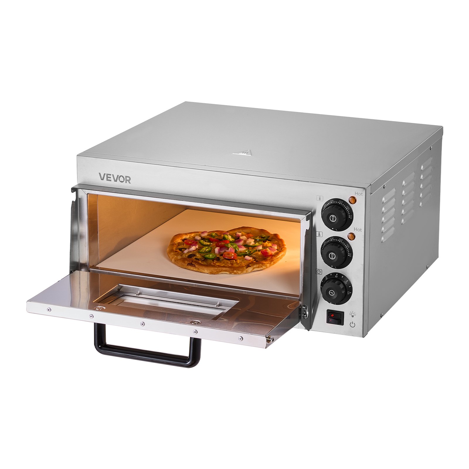 VEVOR Horno de Pizza Eléctrico de Encimera 40,64 cm 1700 W de Una Sola Capa Rango de Temperatura Ajustable de 0 - 350 °C Construcción de Acero Inoxidable con Piedra y Asa para Restaurante, Hogar