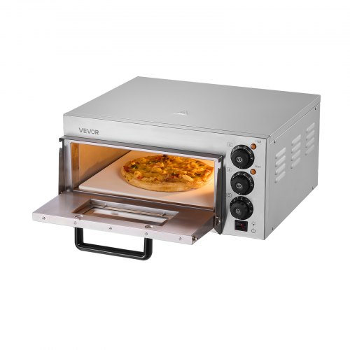 VEVOR Horno de Pizza Eléctrico de Encimera 35,56 cm 1300 W de Una Sola Capa Rango de Temperatura Ajustable de 0 - 300 °C Construcción de Acero Inoxidable con Piedra y Asa para Restaurante, Hogar