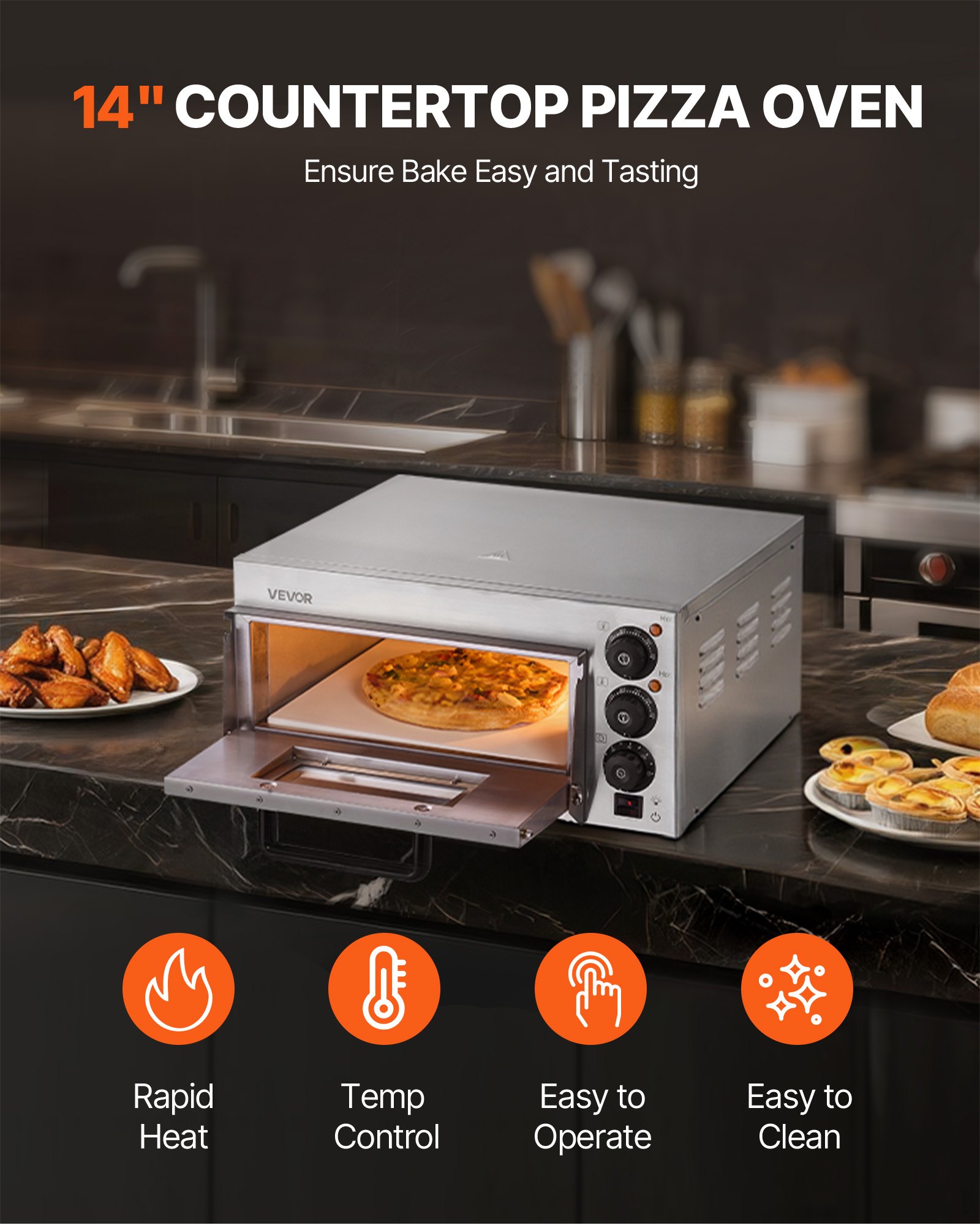 VEVOR Horno de Pizza Eléctrico de Encimera 35,56 cm 1300 W de Una Sola Capa Rango de Temperatura Ajustable de 0 - 300 °C Construcción de Acero Inoxidable con Piedra y Asa para Restaurante, Hogar