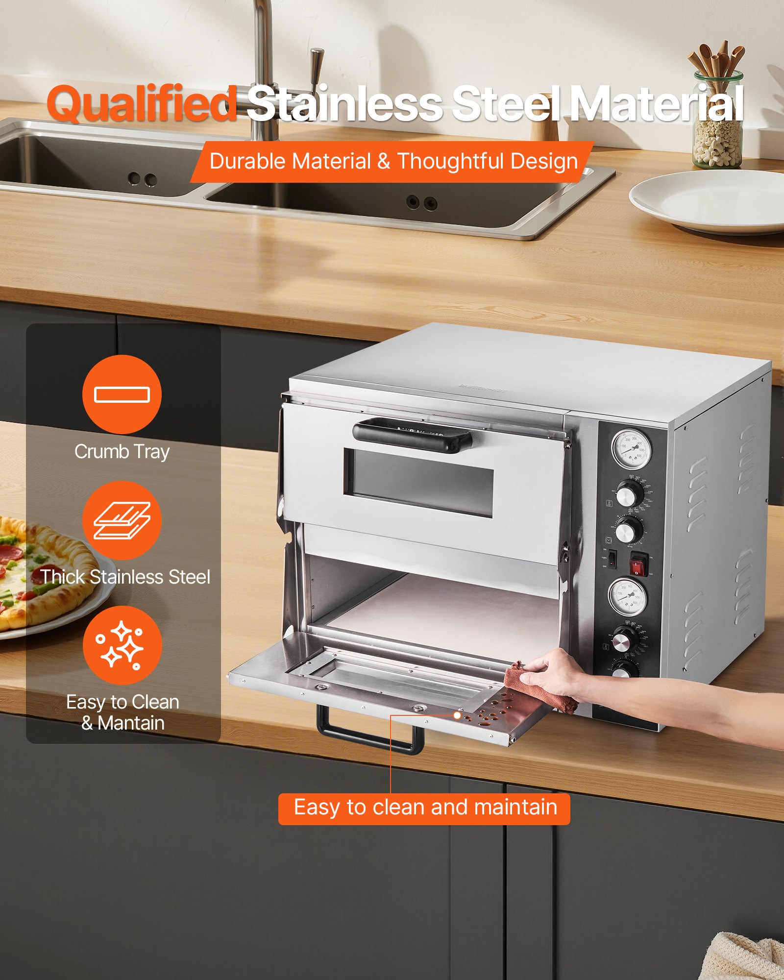 VEVOR Horno de Pizza Eléctrico de Encimera 45 cm y Dos Pisos, Temperatura 25 a 450 °C, con Termómetro, Control Independiente de Temperatura Superior e Inferior y Temporizador, 690 x 595 x 540 mm