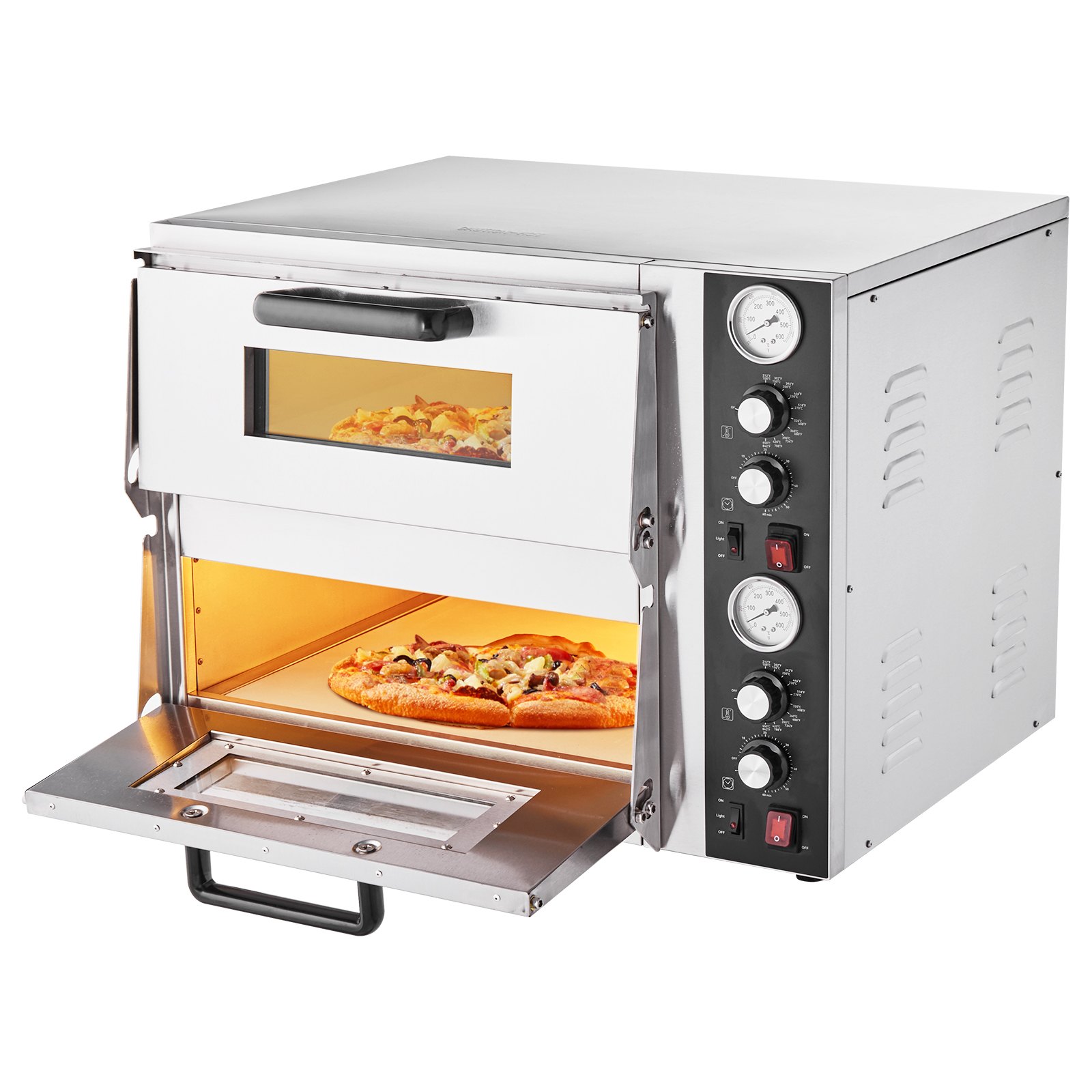 VEVOR Horno de Pizza Eléctrico de Encimera 45 cm y Dos Pisos, Temperatura 25 a 450 °C, con Termómetro, Control Independiente de Temperatura Superior e Inferior y Temporizador, 690 x 595 x 540 mm