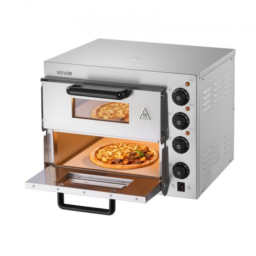 VEVOR Horno de Pizza Eléctrico de Encimera 35,56 cm 1800 W con Doble Capa Rango de Temperatura Ajustable de 0 - 350 °C Construcción de Acero Inoxidable con Piedra y Asa para Restaurante, Hogar