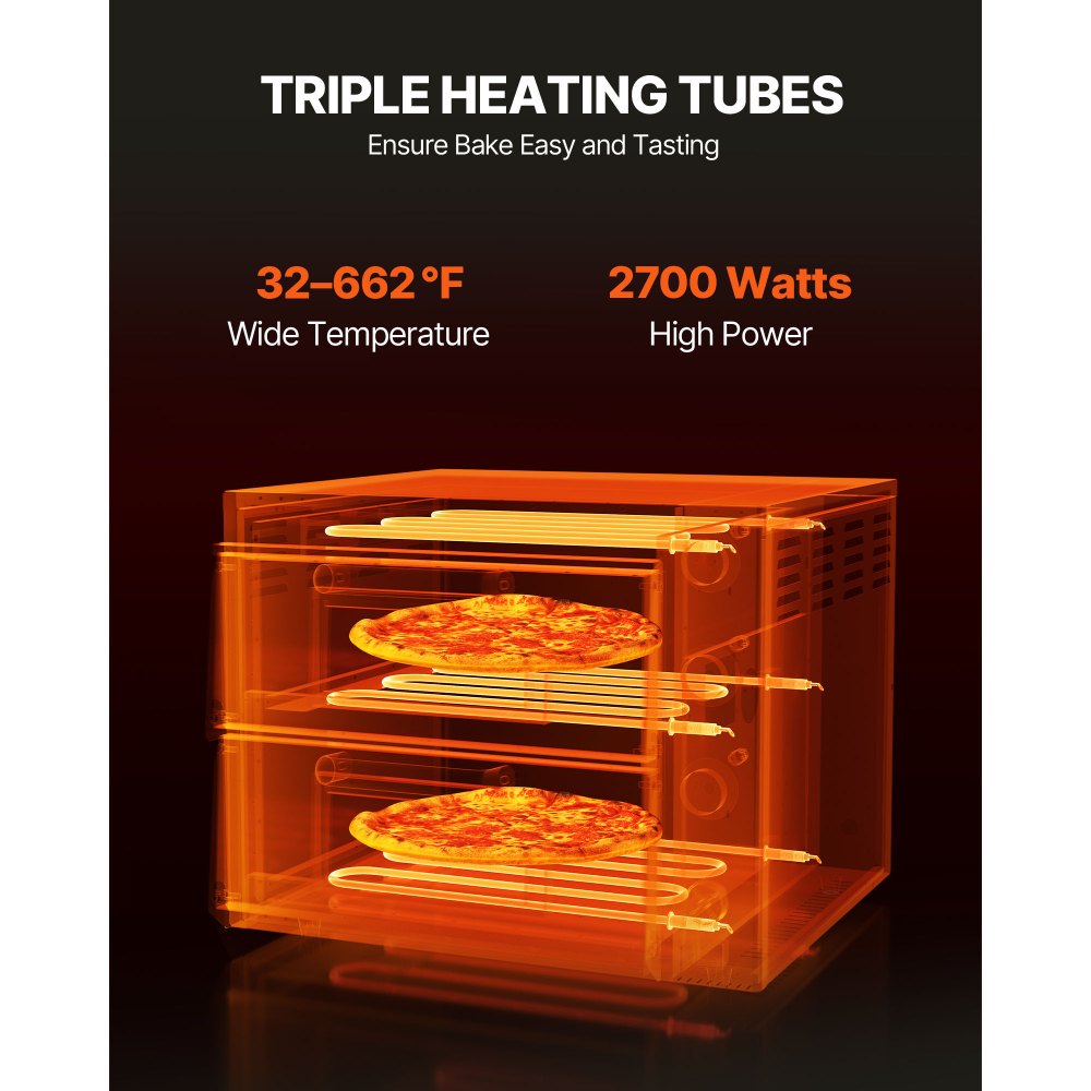 VEVOR Horno de Pizza Eléctrico de Encimera 35,56 cm 1800 W con Doble Capa Rango de Temperatura Ajustable de 0 - 350 °C Construcción de Acero Inoxidable con Piedra y Asa para Restaurante, Hogar