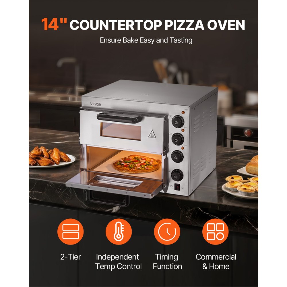 VEVOR Horno de Pizza Eléctrico de Encimera 35,56 cm 1800 W con Doble Capa Rango de Temperatura Ajustable de 0 - 350 °C Construcción de Acero Inoxidable con Piedra y Asa para Restaurante, Hogar