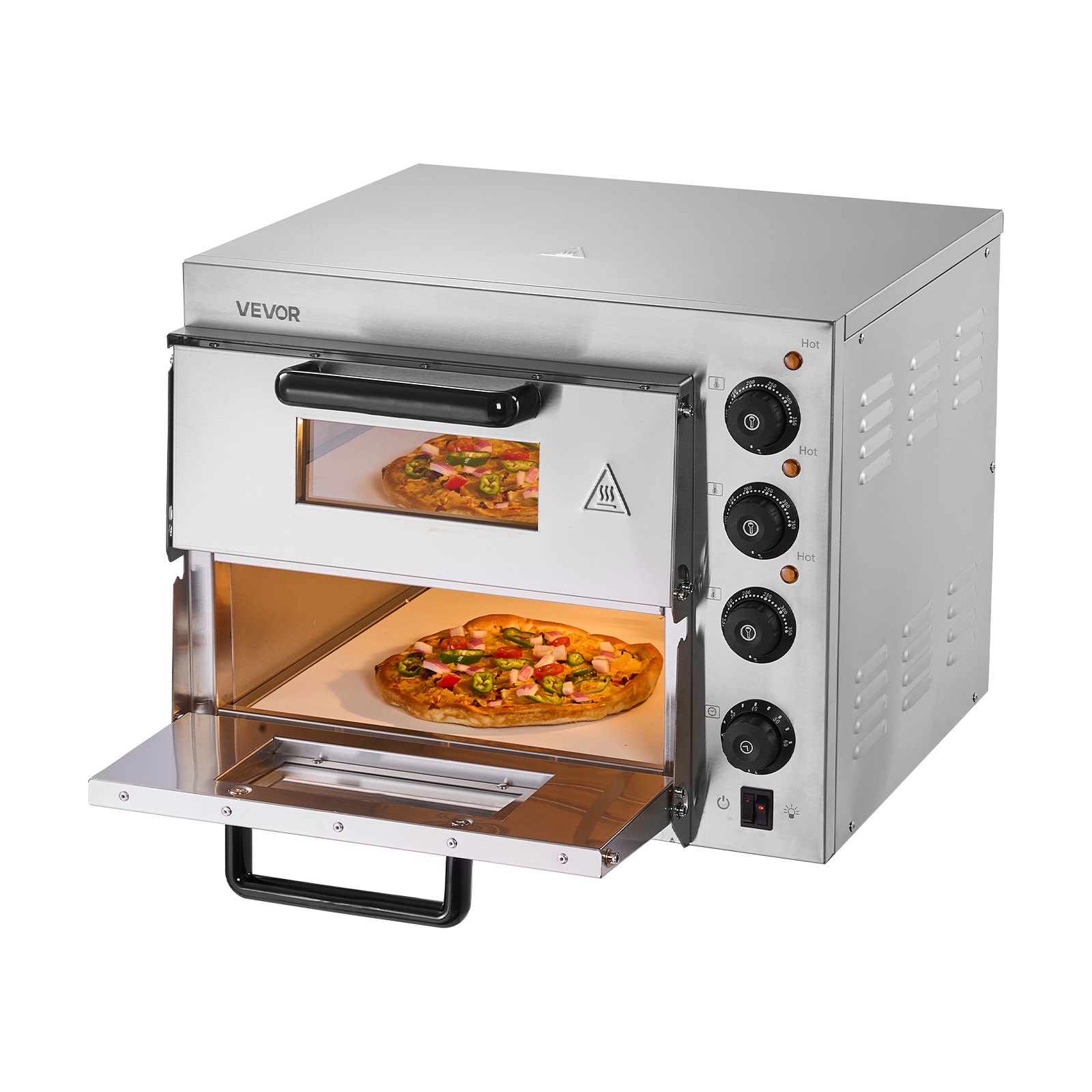 VEVOR Horno de Pizza Eléctrico de Encimera 35,56 cm 1800 W con Doble Capa Rango de Temperatura Ajustable de 0 - 350 °C Construcción de Acero Inoxidable con Piedra y Asa para Restaurante, Hogar